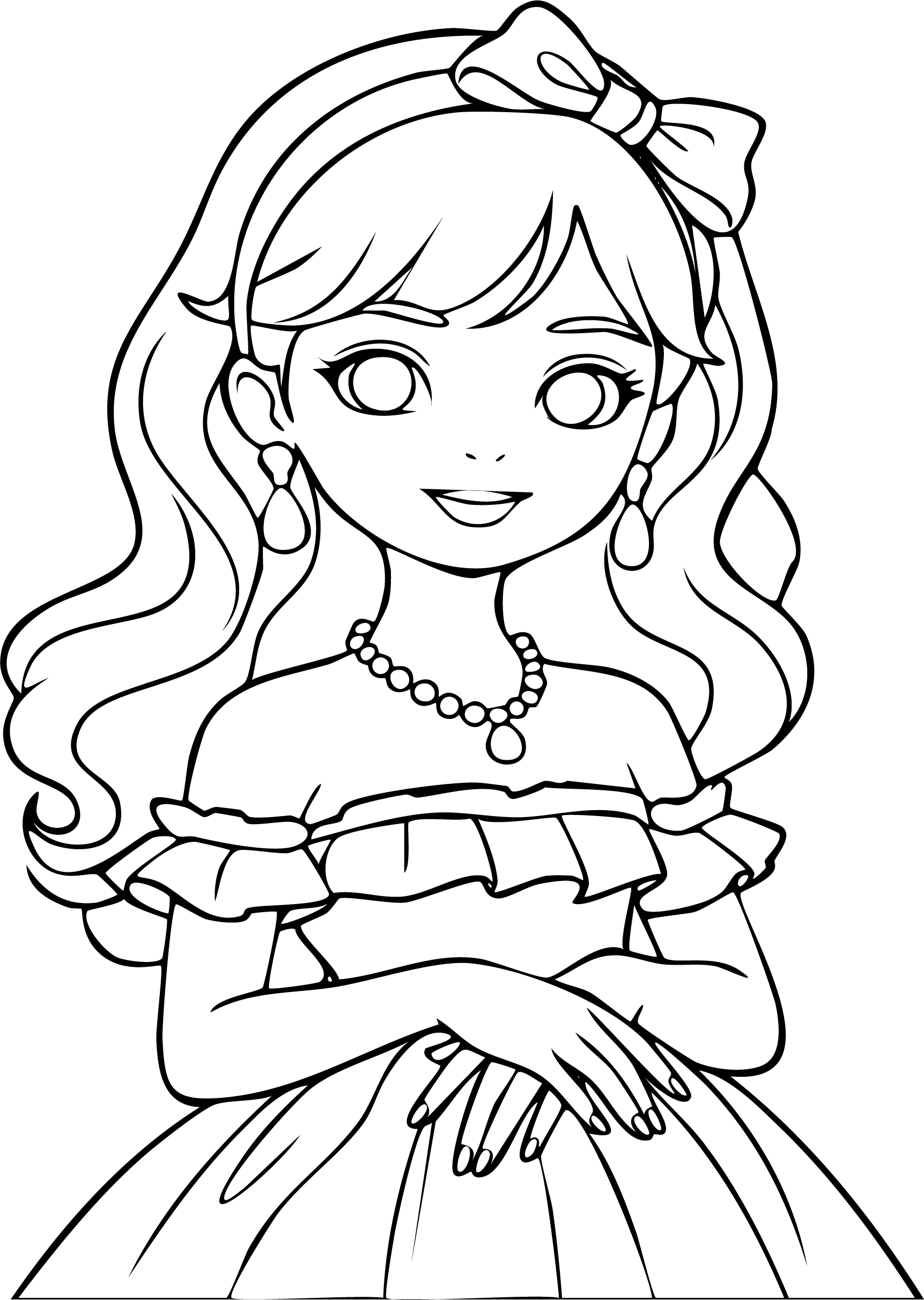Barbie from Barbie coloring page. Cute portrait, large bow on headband, long wavy hair, wearing necklace and ruffled top.