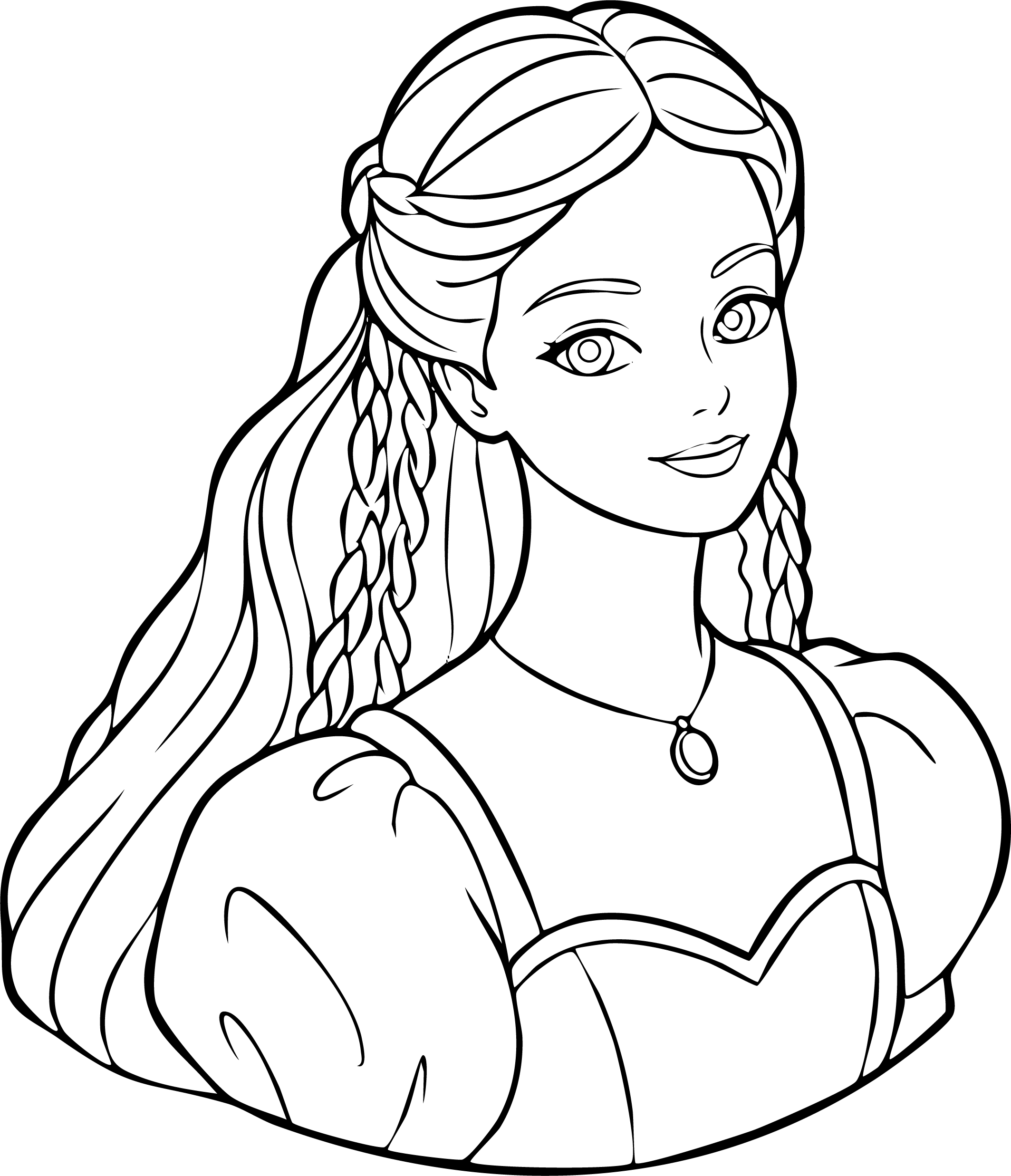 Barbie from Barbie coloring page. Detailed portrait showing her unique braided hairstyle and gown bodice.