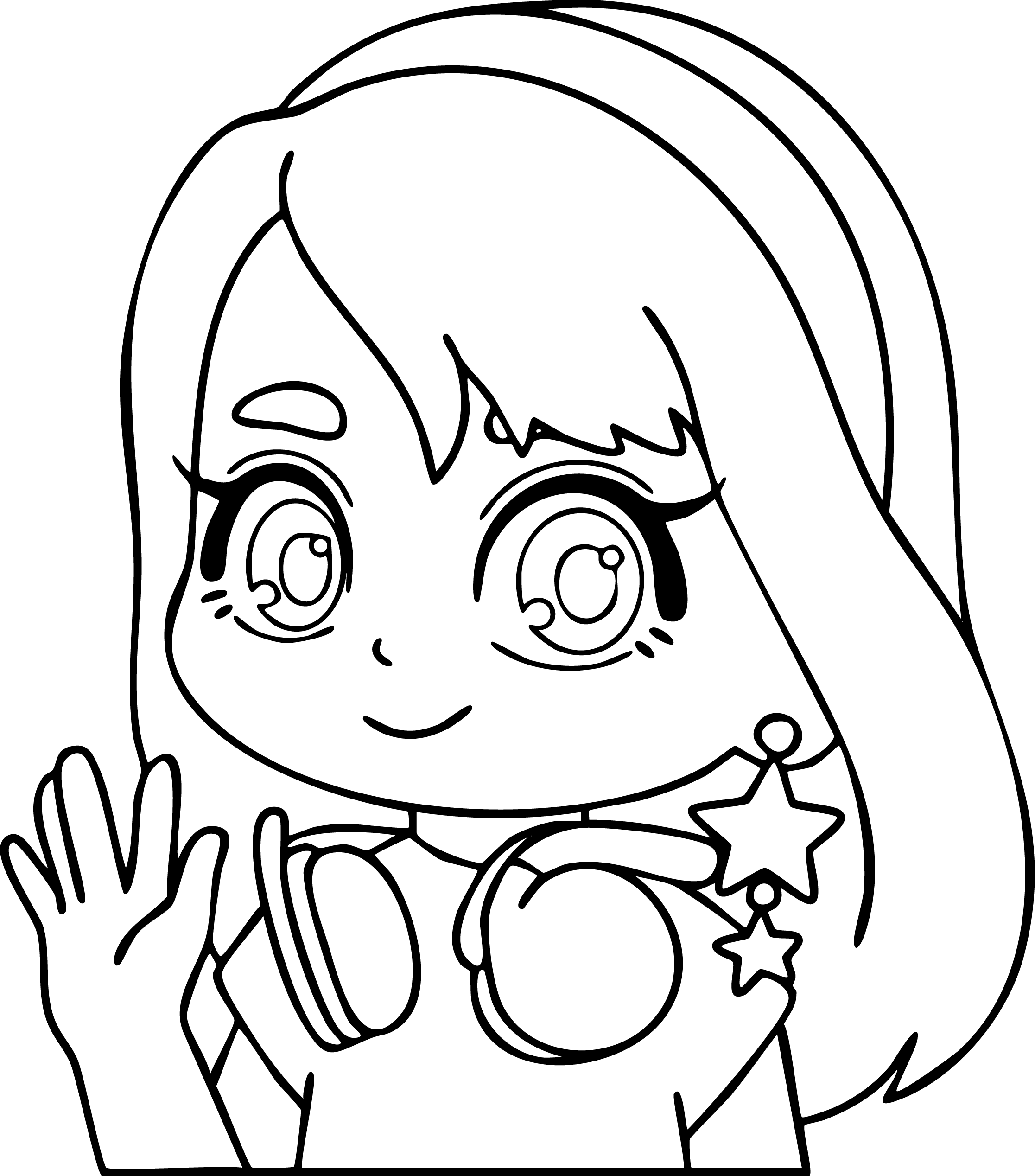 Barbie from Barbie coloring page. Chibi bust portrait, wearing star earrings and a headband, with headphones and waving.