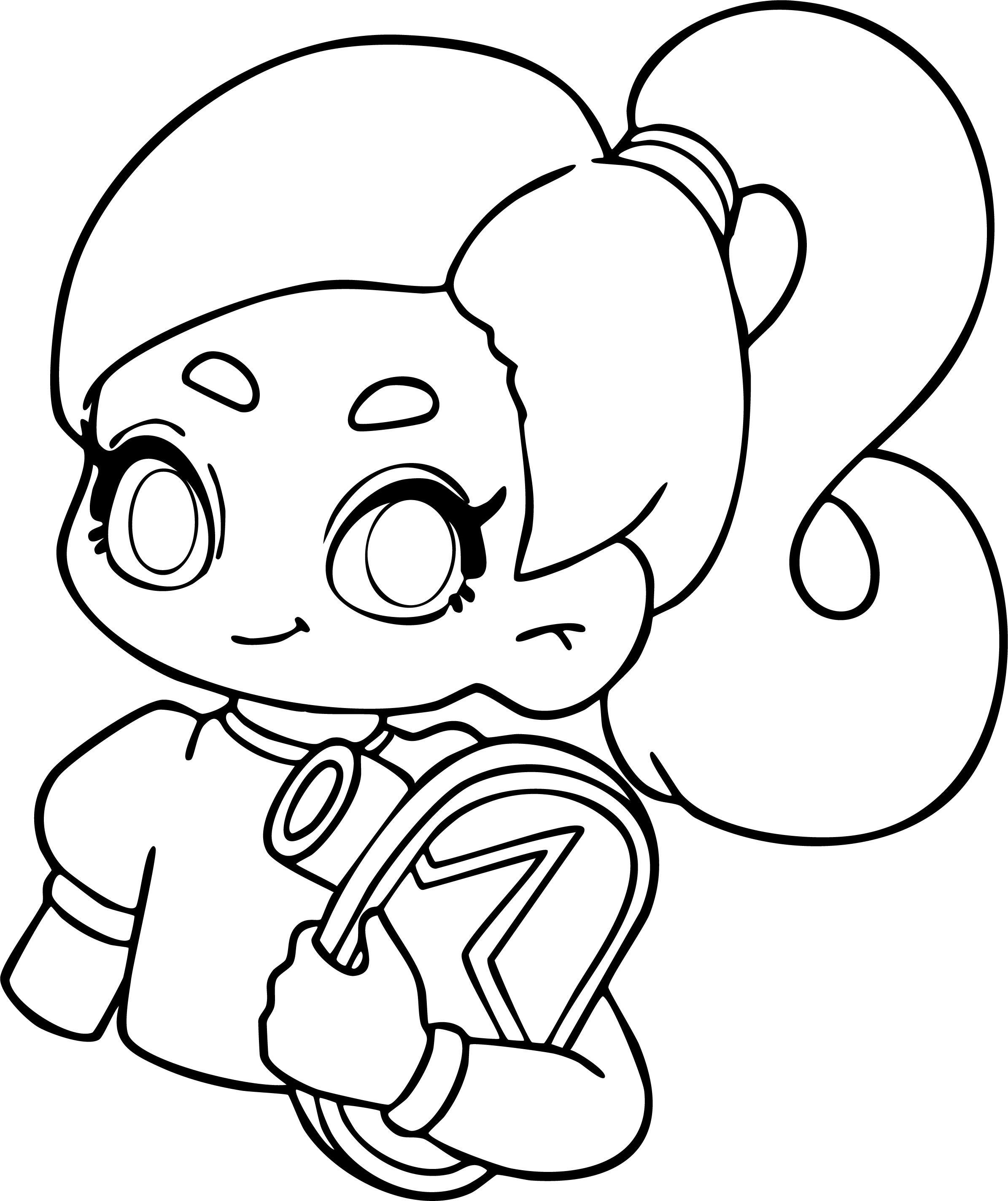 Barbie from Barbie coloring page. Cute chibi style drawing, standing with a high ponytail and holding a large heart.