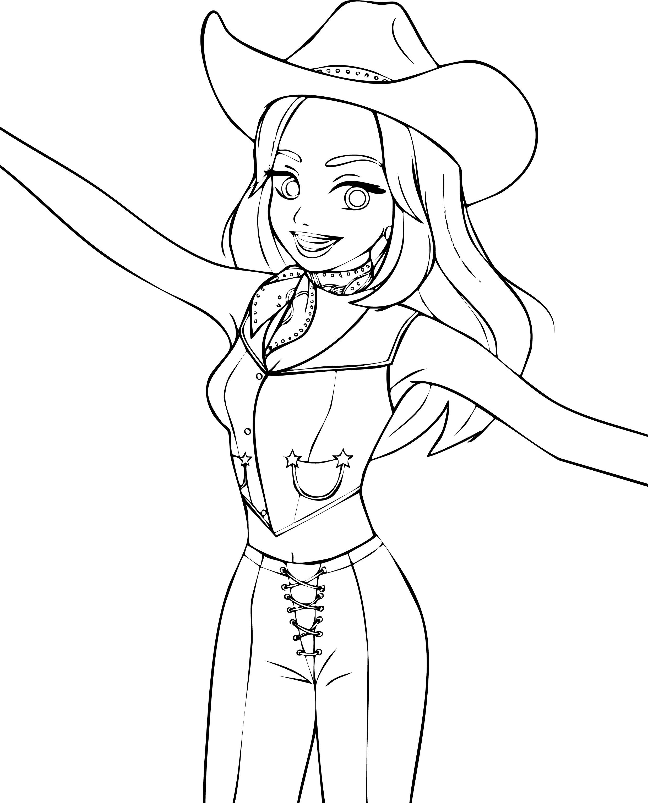 Barbie from Barbie coloring page. A smiling cowgirl wearing a hat, vest with star pockets, and laced pants.