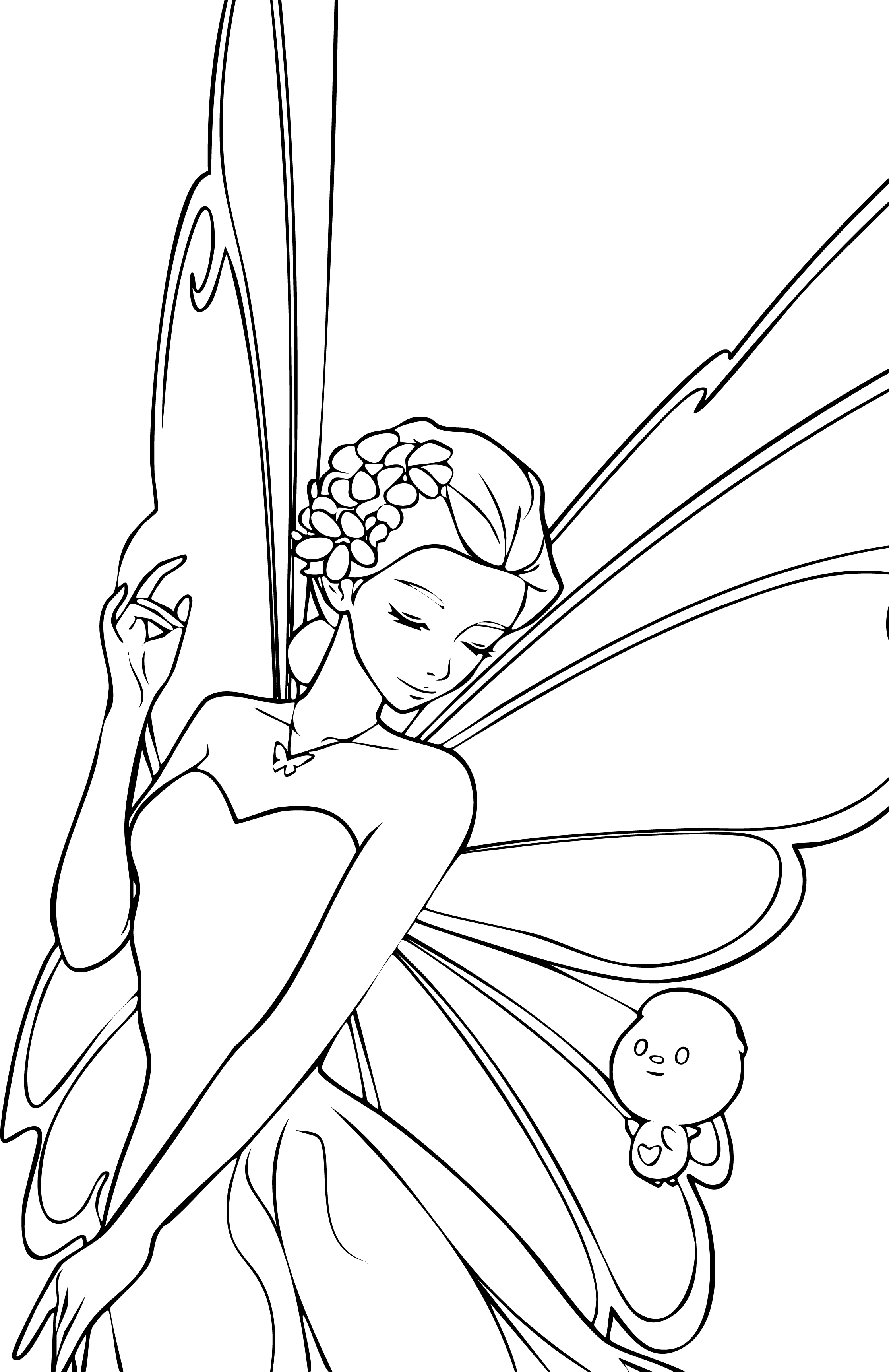 Barbie from Barbie coloring page. Detailed fairy profile with floral crown. Massive intricate wings, close-up.