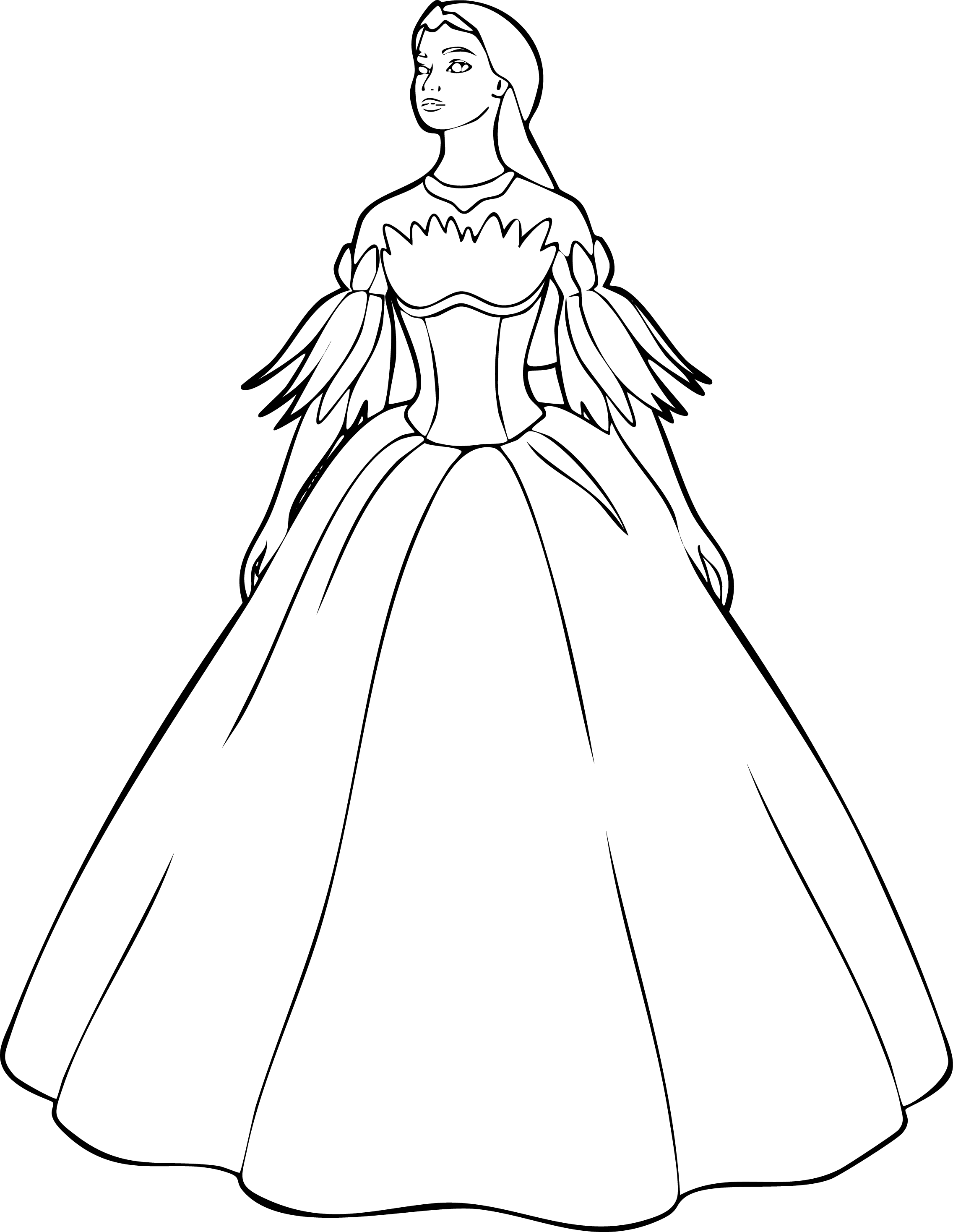 Barbie from Barbie coloring page. Standing full body, flowing ball gown, intricate feathered sleeves, and a small tiara.