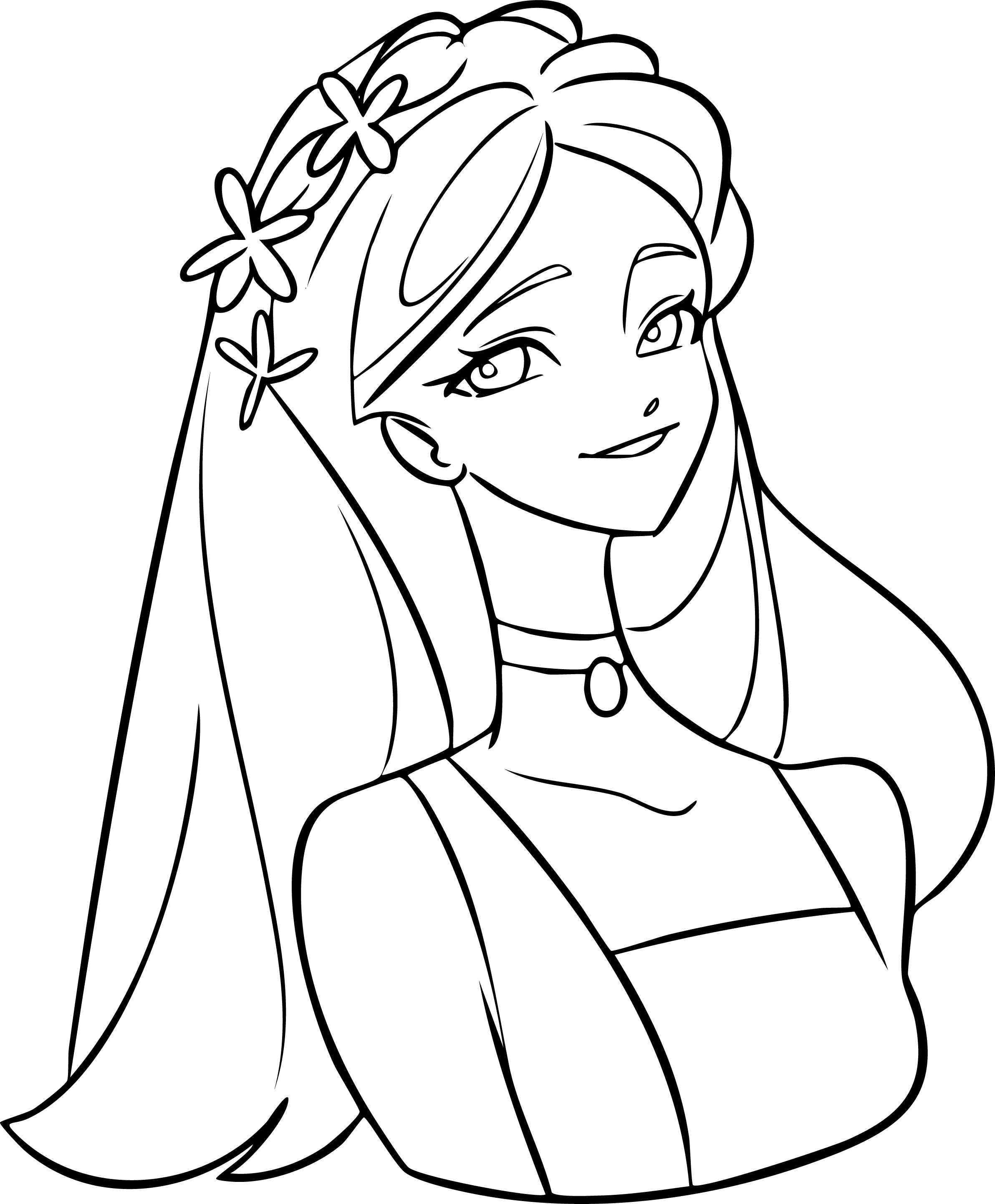 Barbie from Barbie coloring page. Anime-style portrait with a long veil and flower crown.