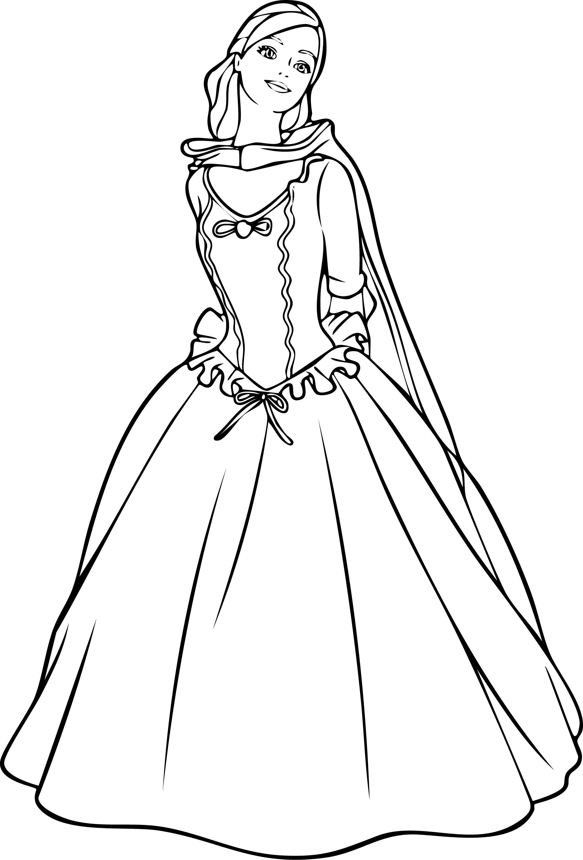 Barbie from Barbie coloring page. Full-body standing illustration in a large gown with a cape.
