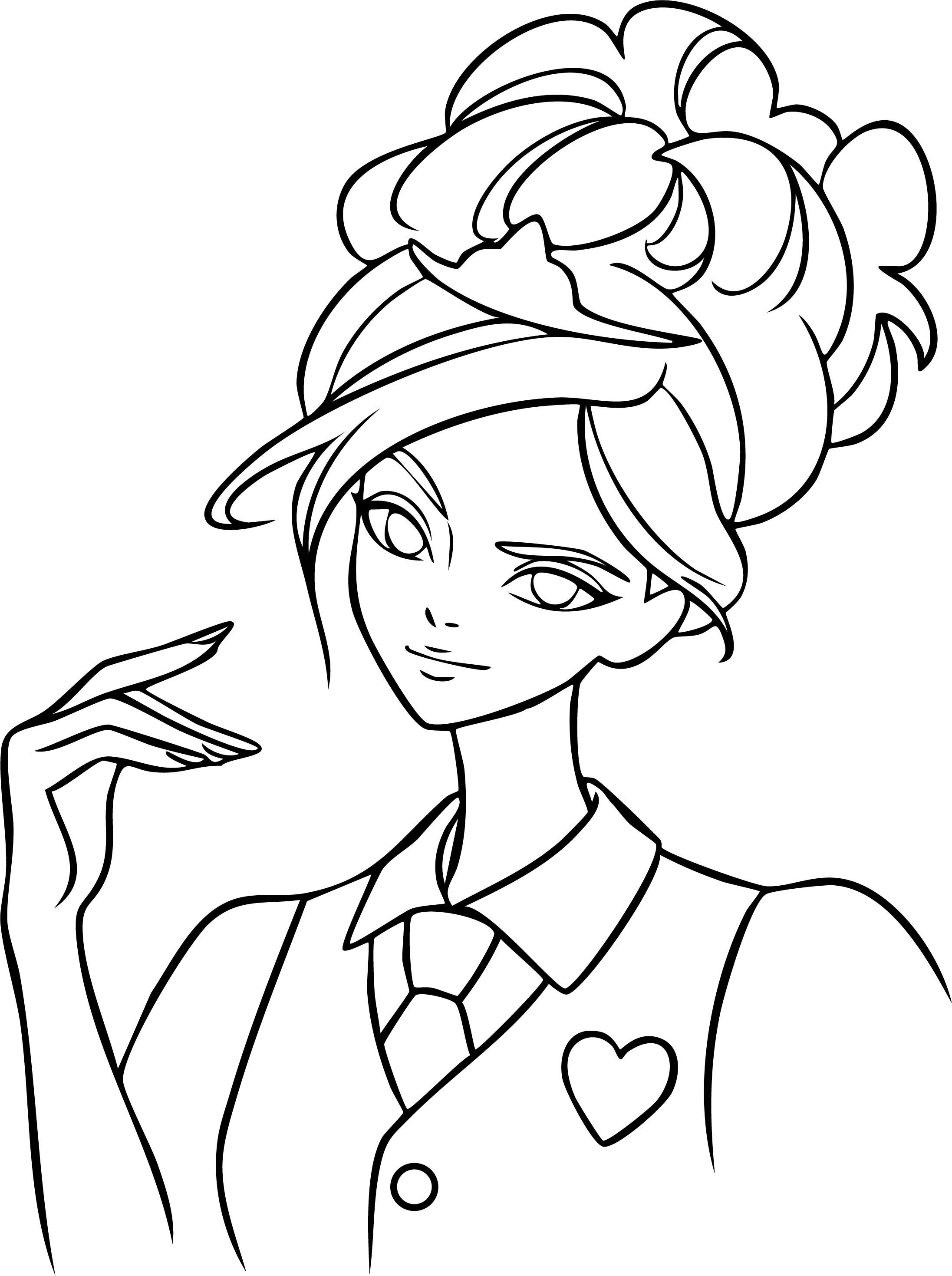 Barbie from Barbie coloring page. Close-up, stylized bun hairstyle, tiara, wearing vest with heart patch, tie, waving.