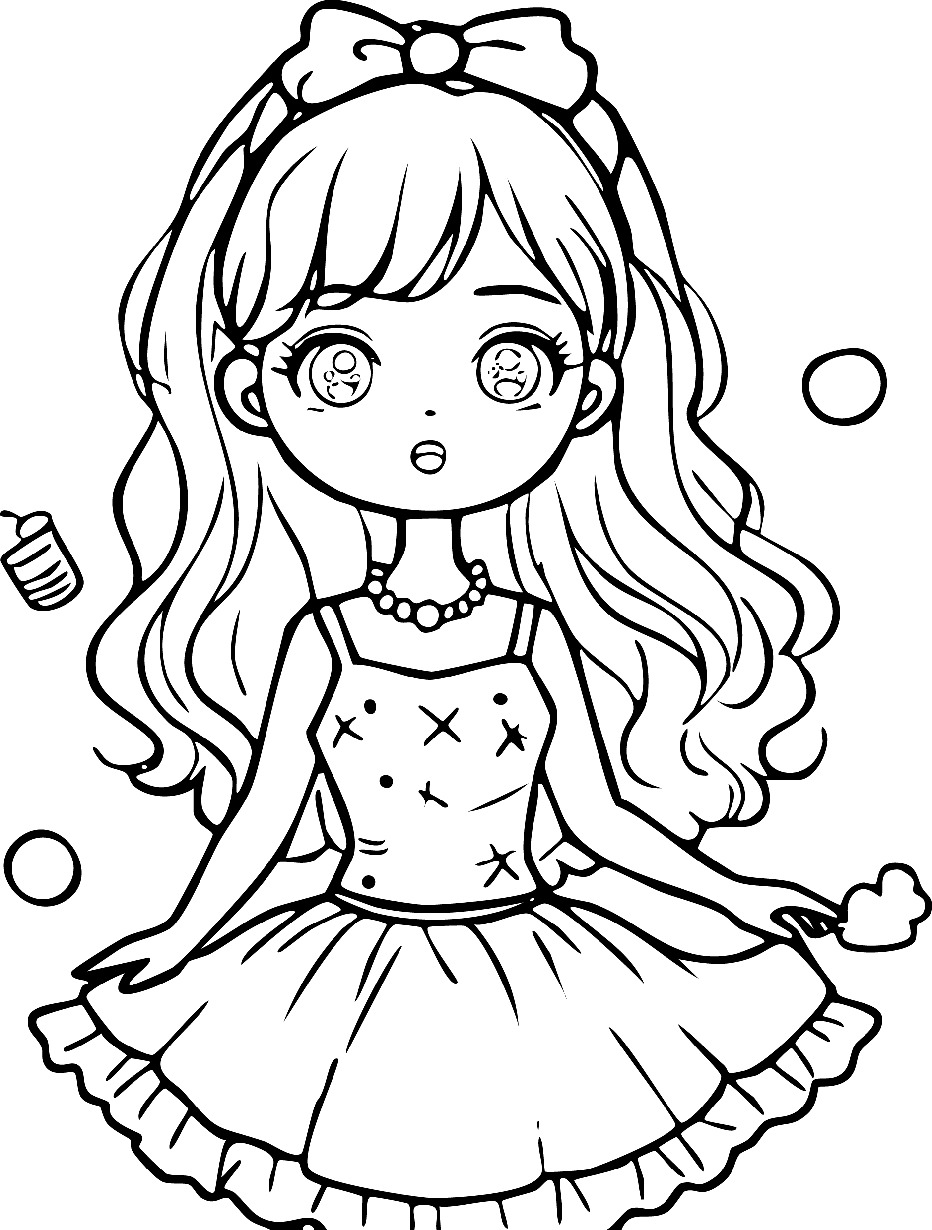 Barbie from Barbie coloring page. Stylized chibi girl, large bow. Star-pattern dress, holding party blower.