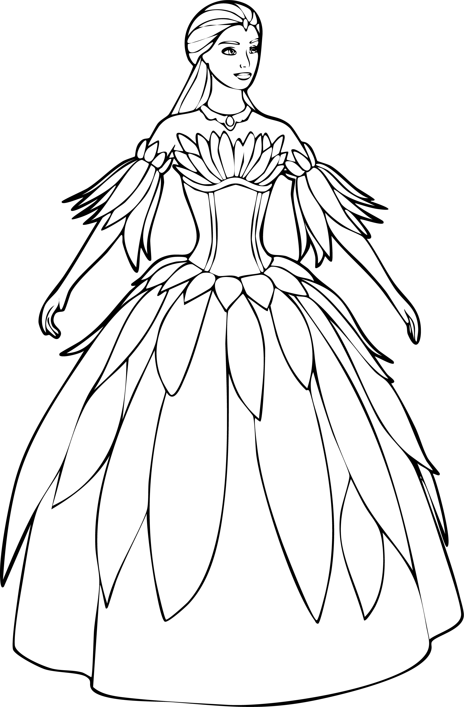 Barbie from Barbie coloring page. Full-body pose in an elaborate multi-layered petal dress.