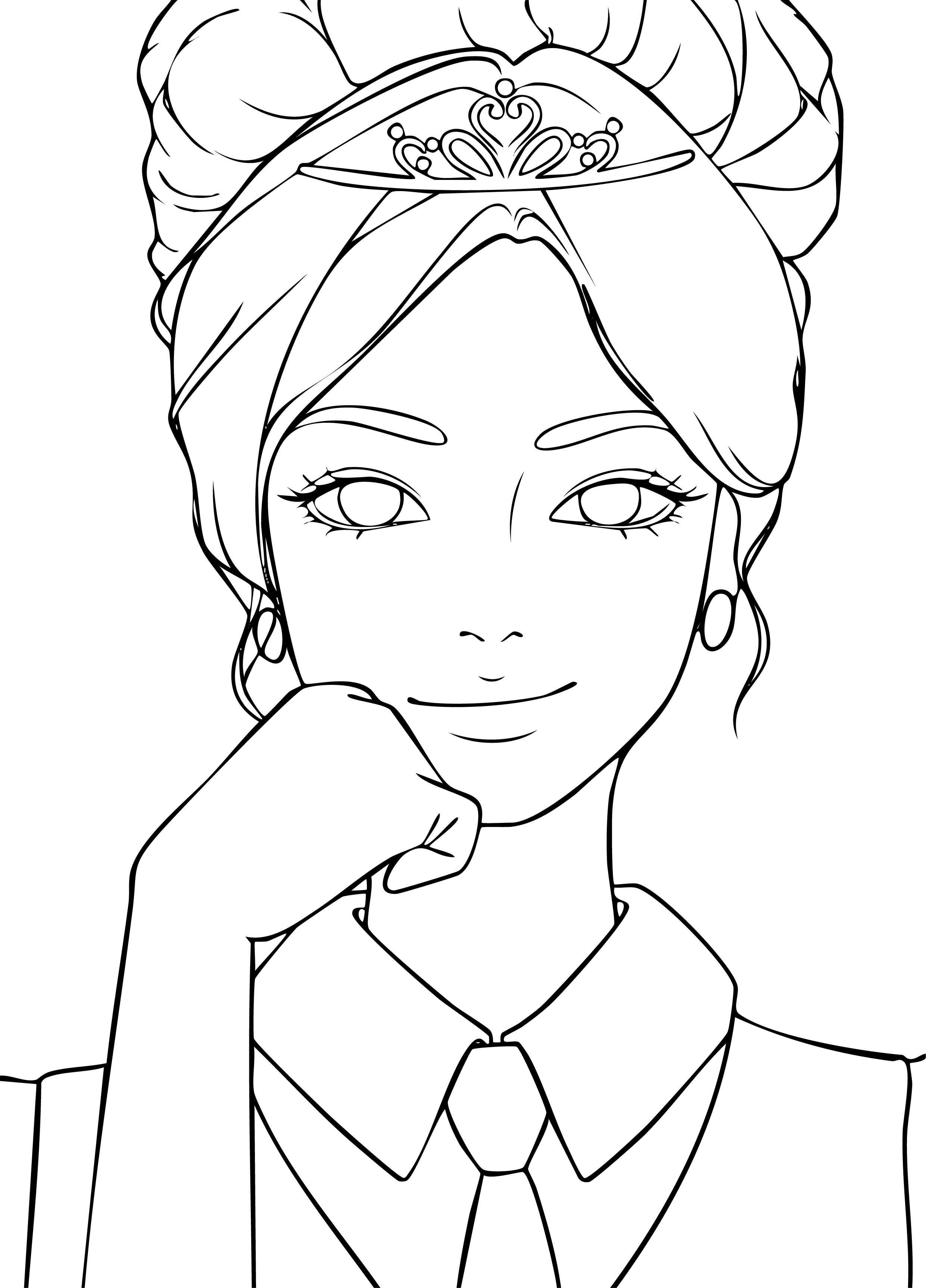Barbie from Barbie coloring page. Close-up portrait of her smiling face, wearing a royal tiara and a formal collar.