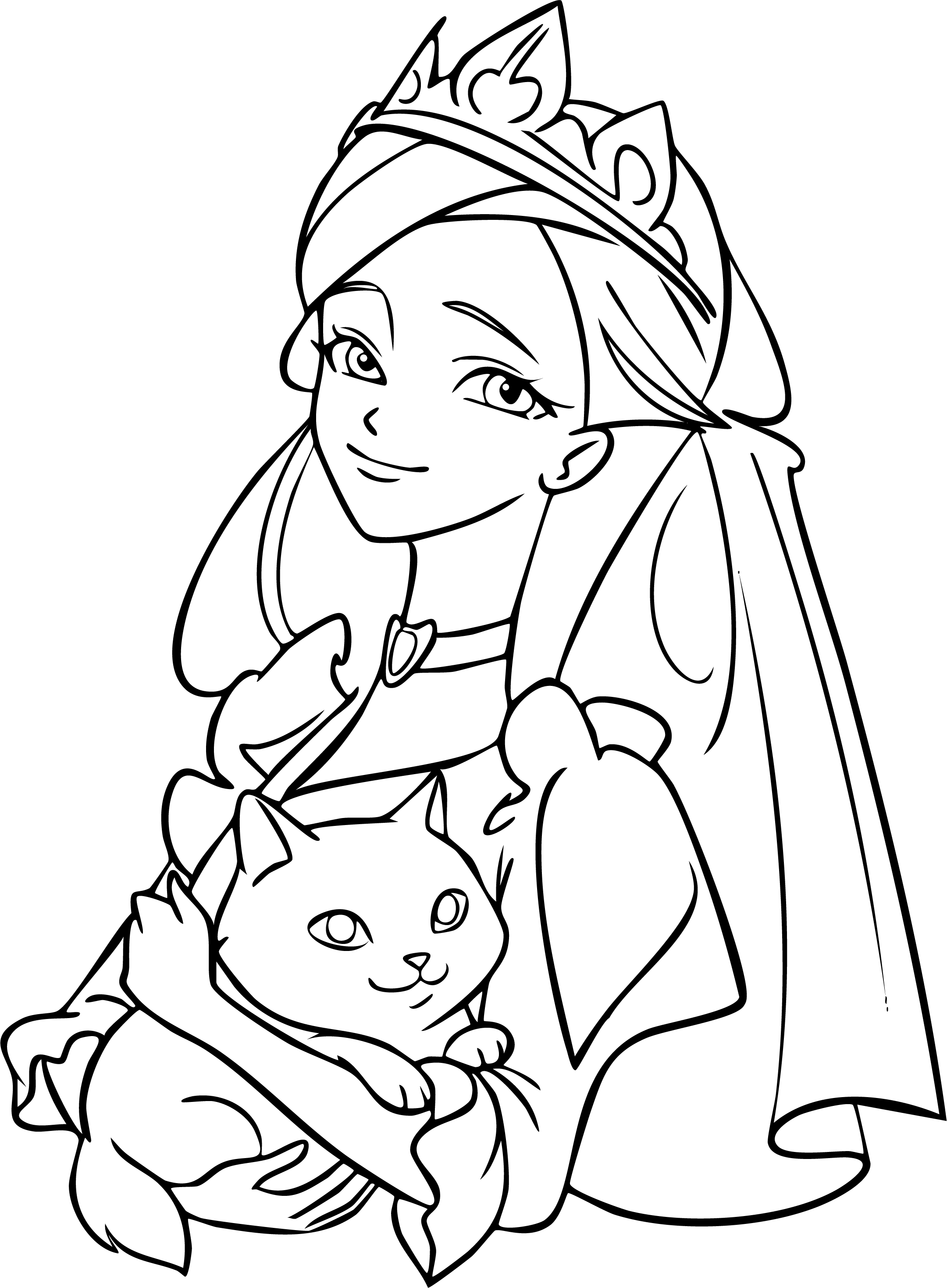 Barbie from Barbie coloring page. A beautiful princess wearing a crown and veil, holding a cute little cat.