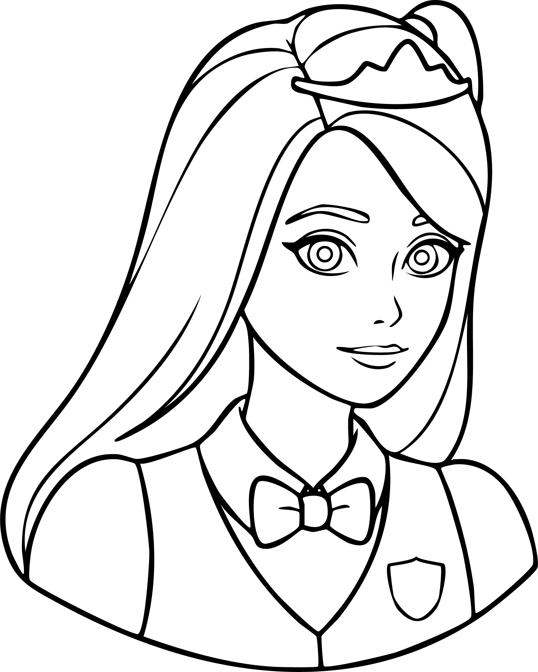 Barbie from Barbie coloring page. Elegant close-up, small tiara, wearing shirt with bow tie and shield logo on vest.