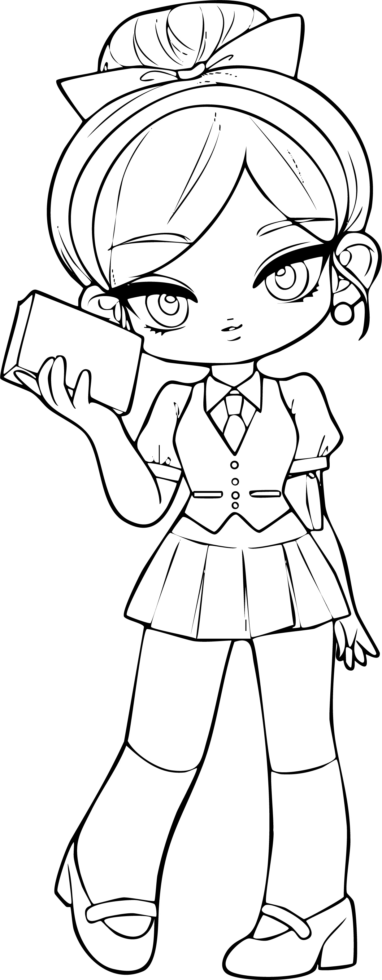 Barbie from Barbie coloring page. Stylized anime student, chibi, holding book. Vest, tie, skirt uniform.