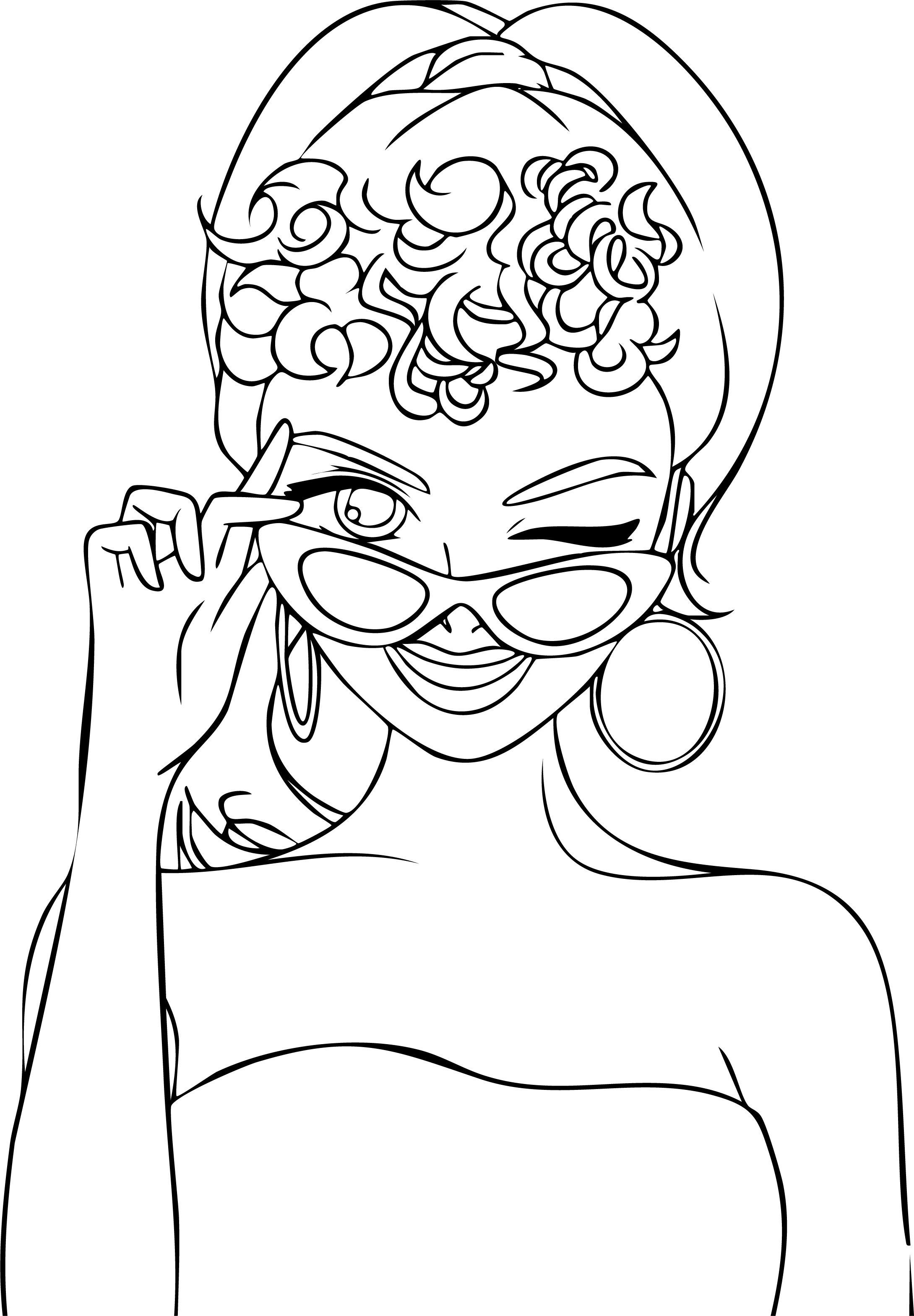 Barbie from Barbie coloring page. Close-up winking, cat-eye retro sunglasses pushed down. Curly hair, hoop earrings.