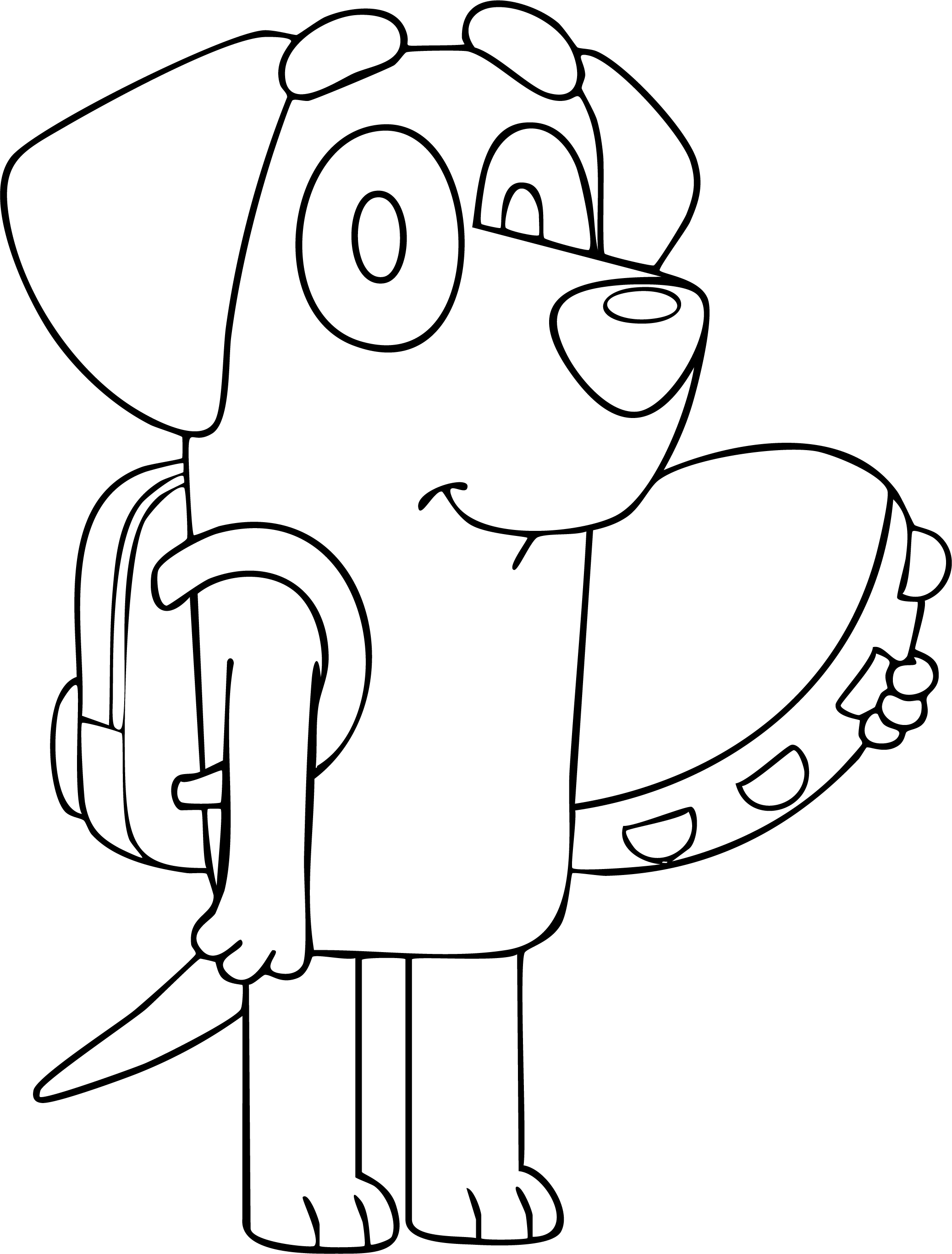 Lucky from Bluey coloring page. Lucky holds a tambourine and wears a backpack.
