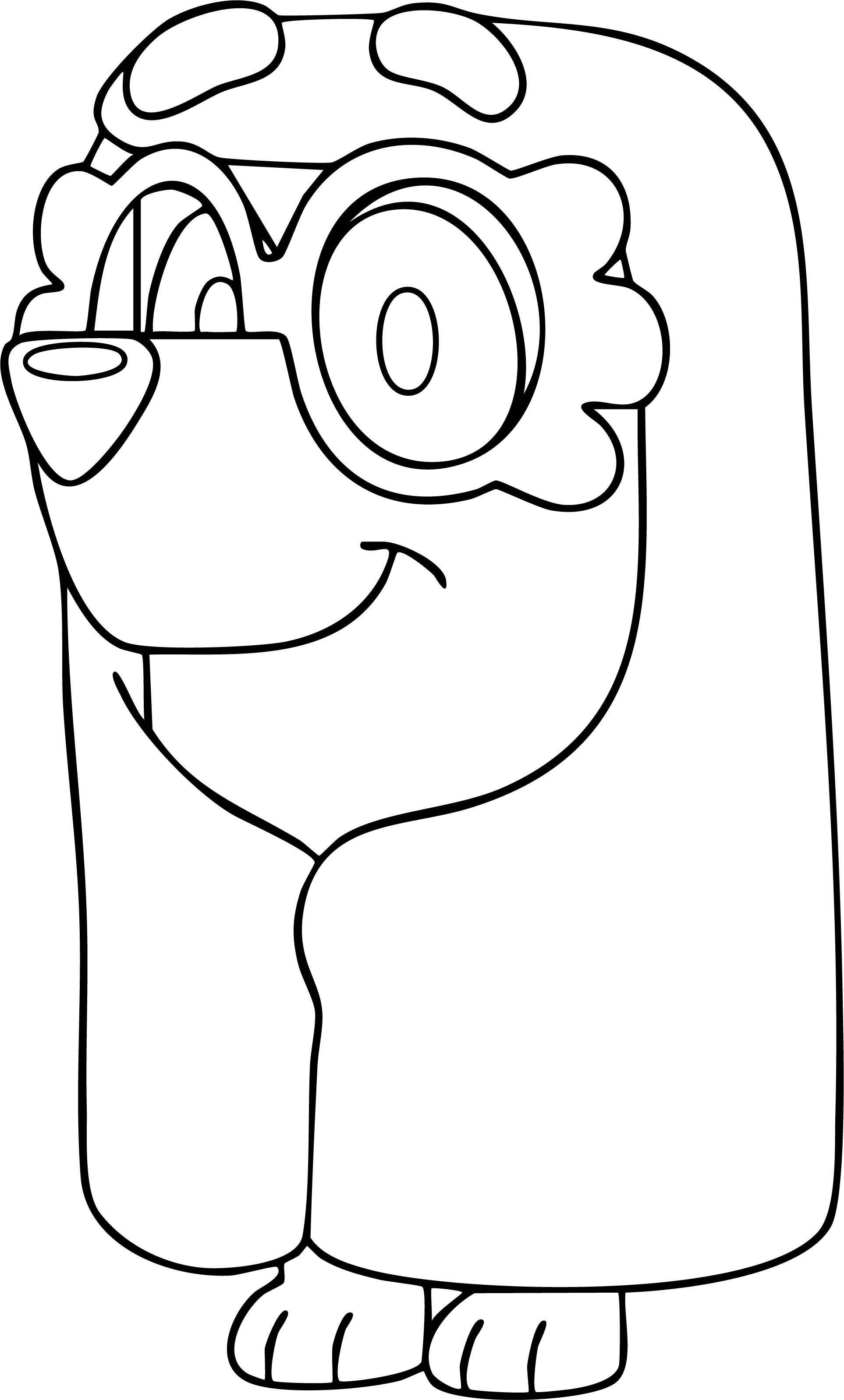 Honey from Bluey coloring page. Wearing large round flower-shaped glasses and a doctor's lab coat.