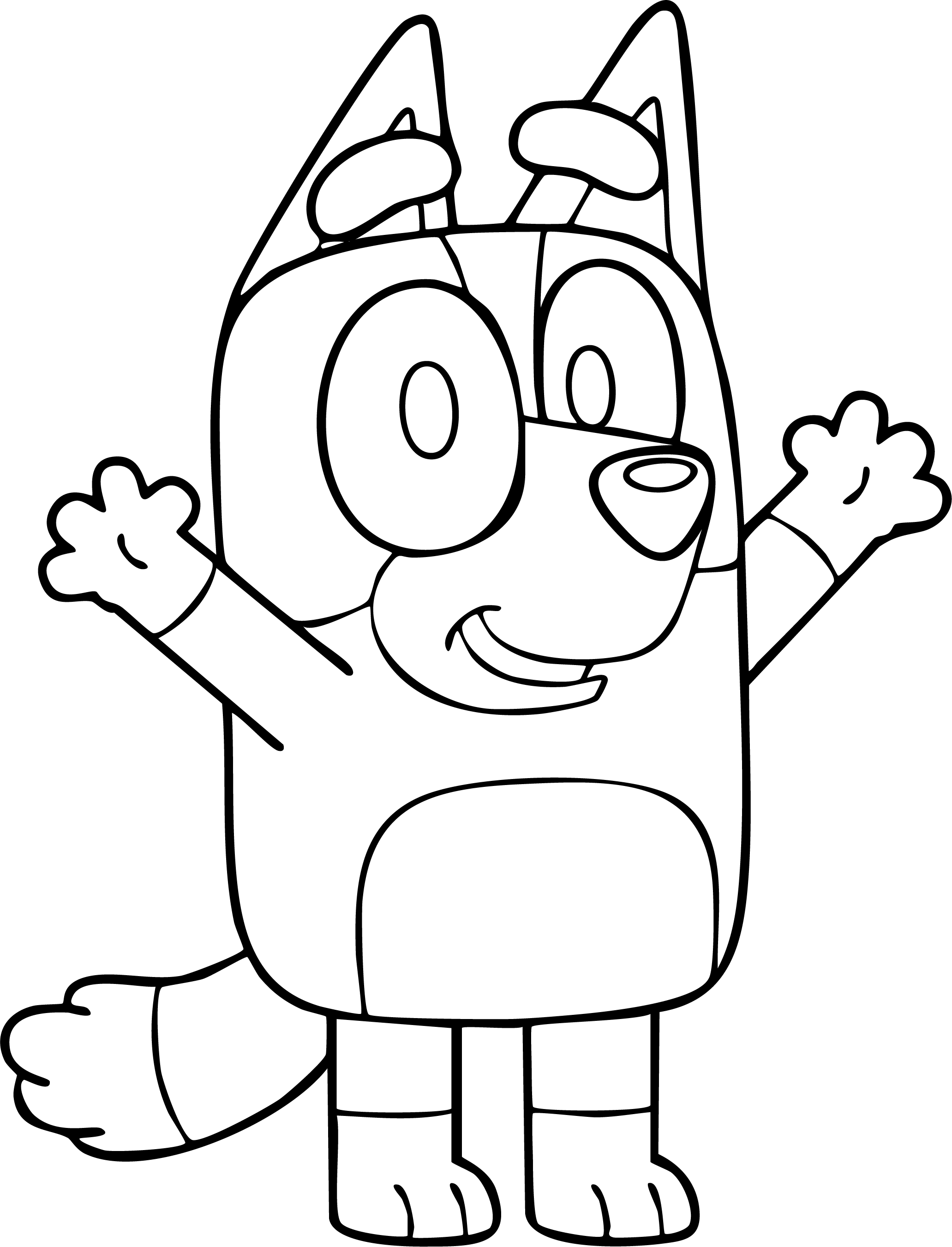 Bingo from Bluey coloring page. Bingo stands happily with arms raised up in the air.