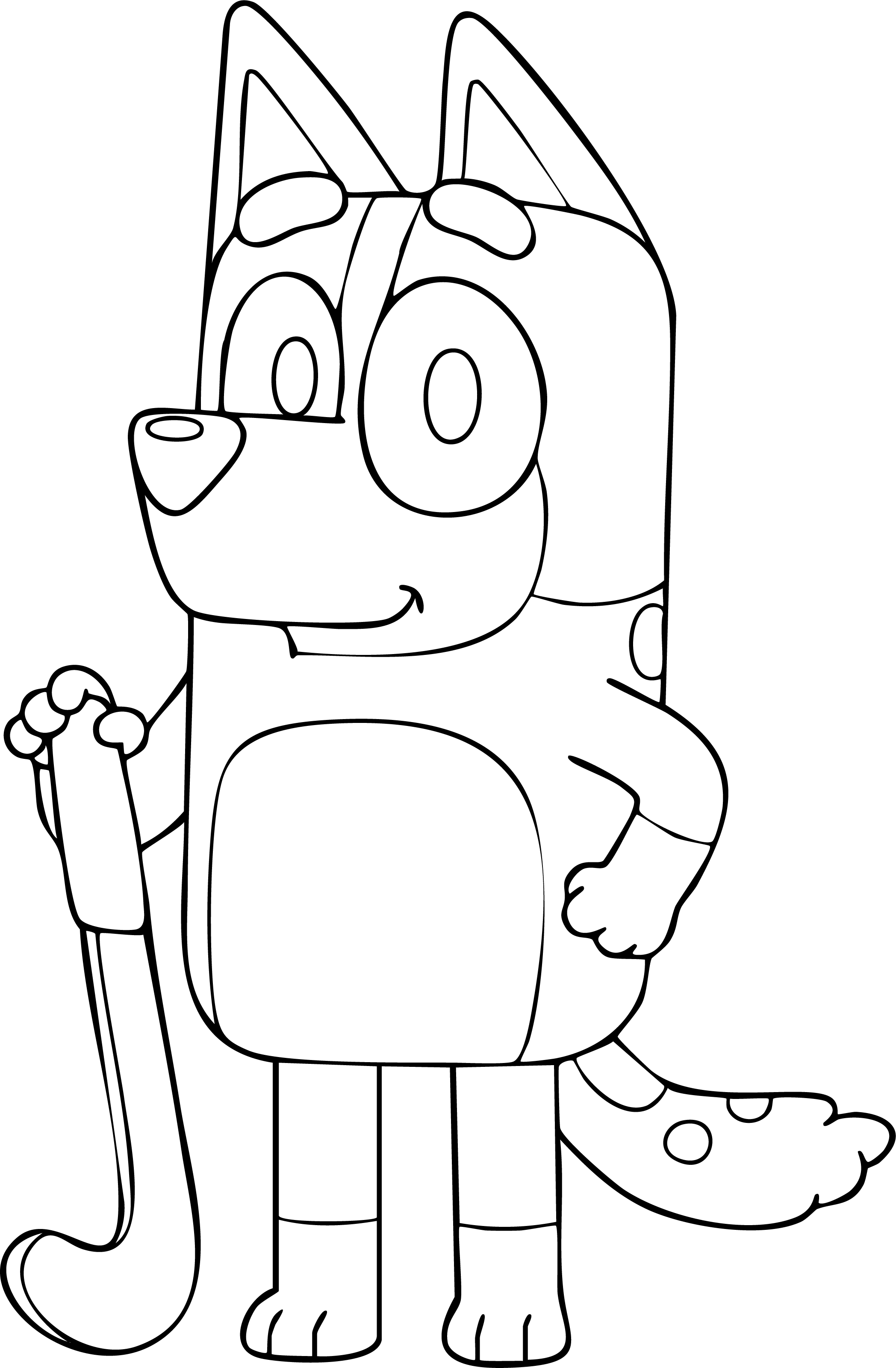 Chilli from Bluey coloring page. Holding a hockey stick, standing with a slight smile.
