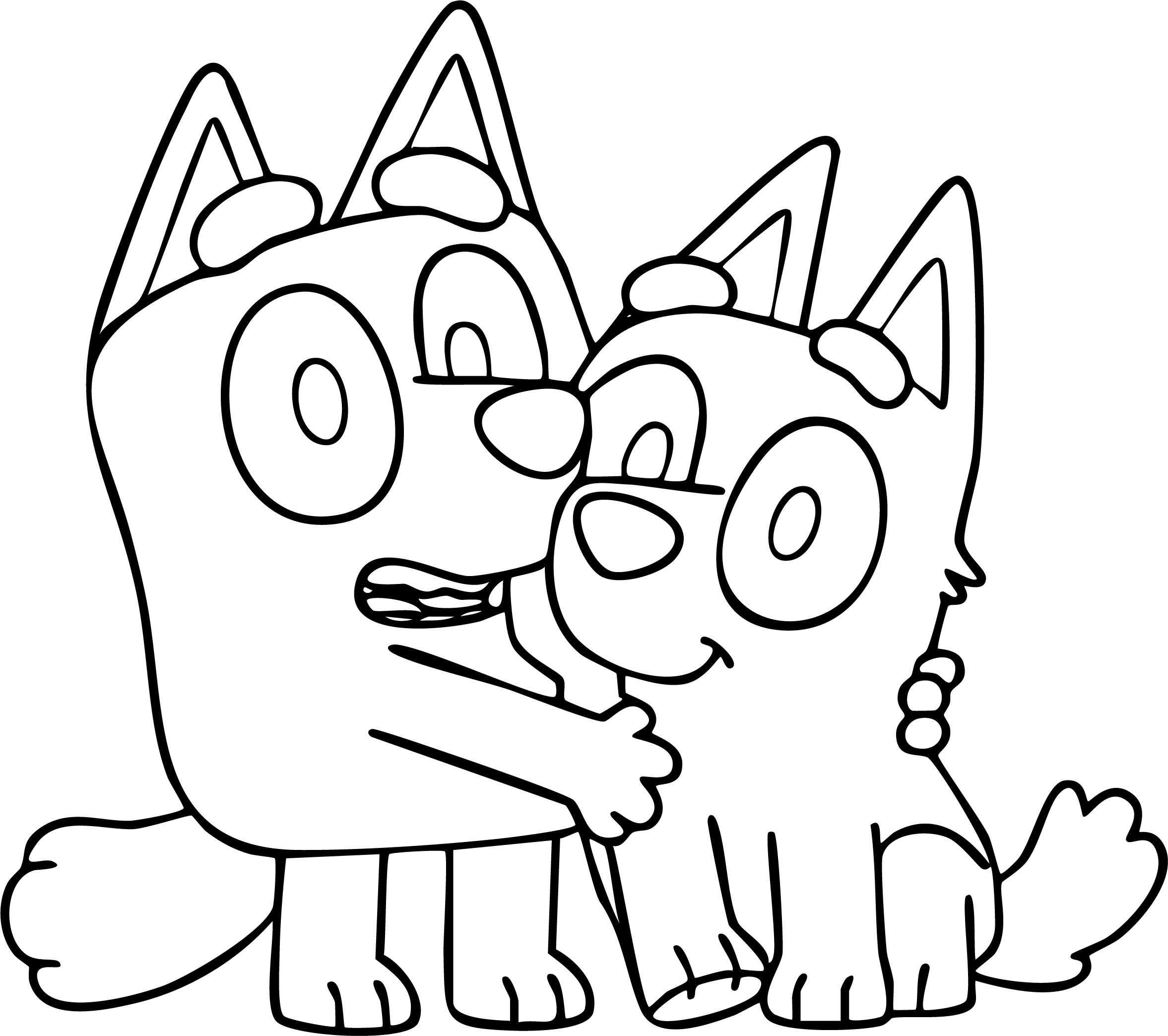 Muffin and Socks from Bluey coloring page. Muffin is hugging Socks tightly.