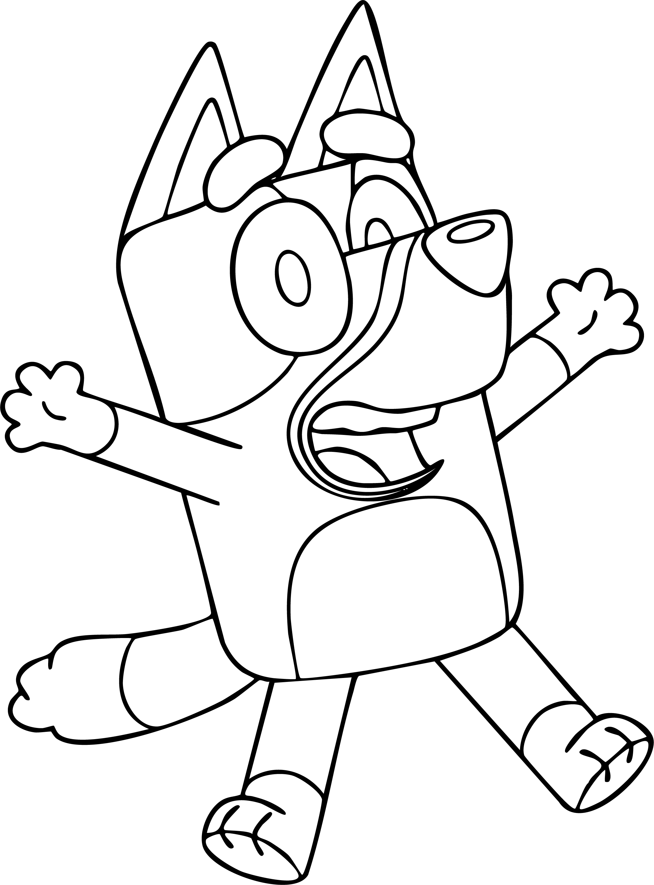 Bluey from Bluey coloring page. Jumping mid-air, arms wide, screaming with mouth open.