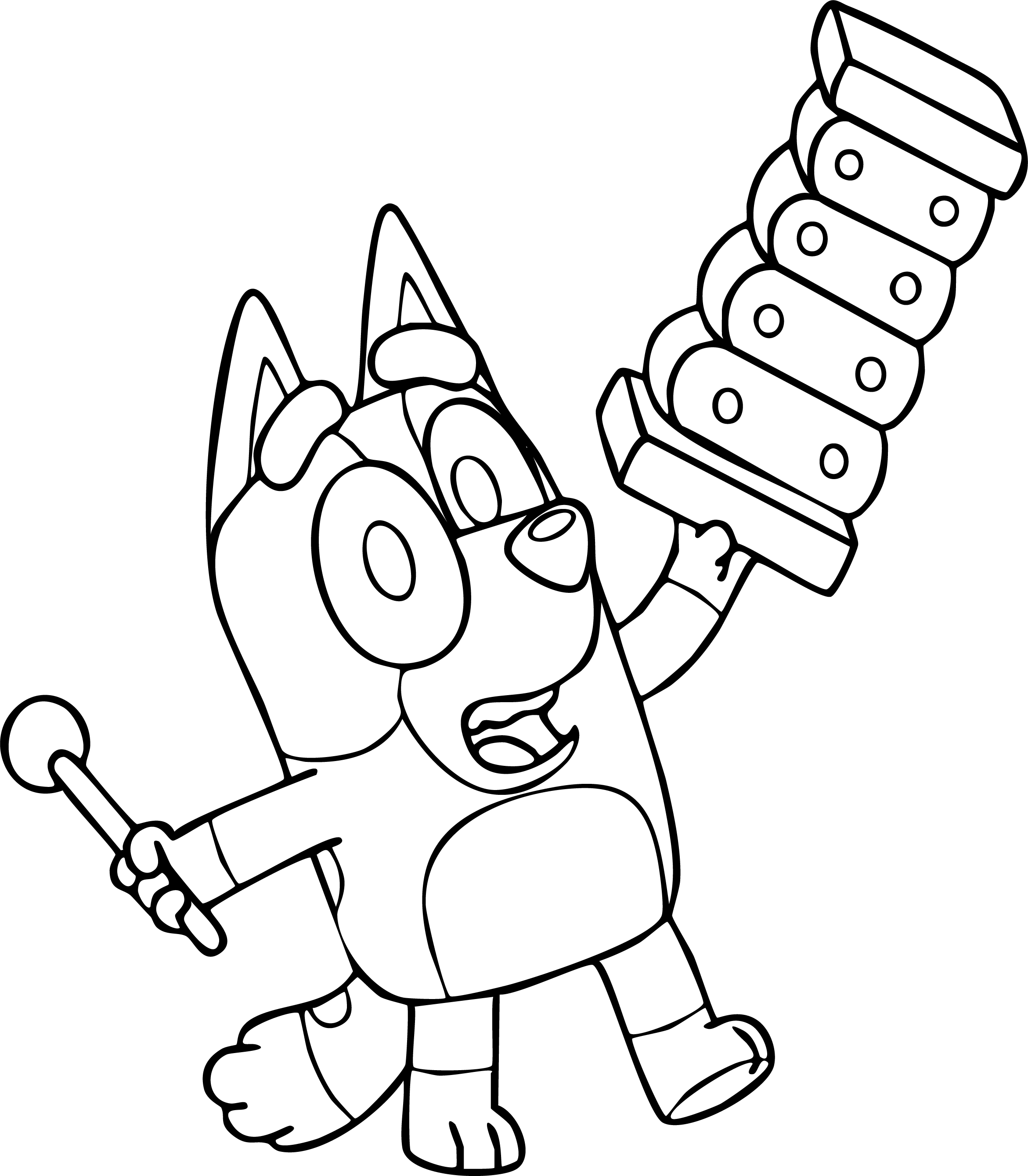 Bluey from Bluey coloring page. Surprised expression, holding a toy xylophone and mallet.