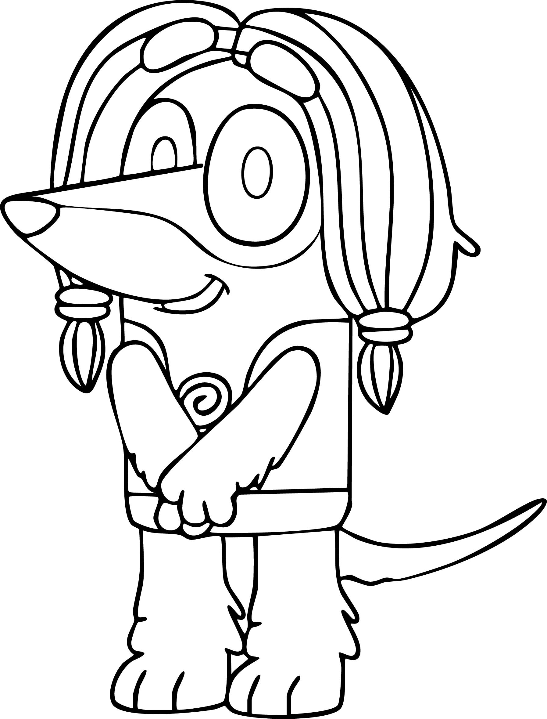 Indy from Bluey coloring page. Standing with her hair in two braids, holding her front paws together.