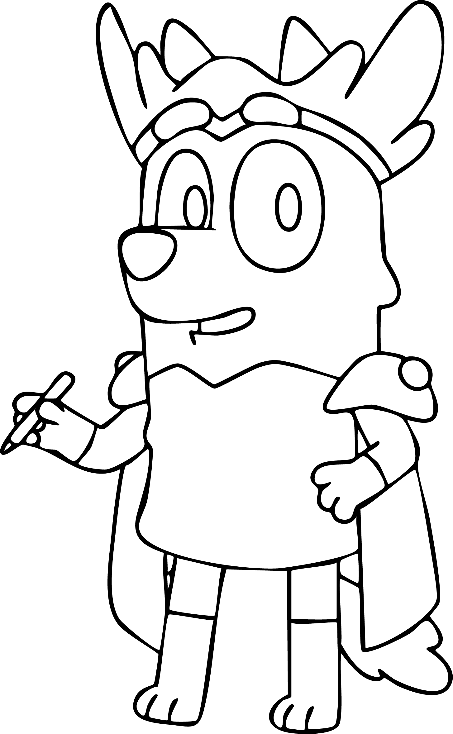Bluey from Bluey coloring page. She is standing and holding a writing utensil.