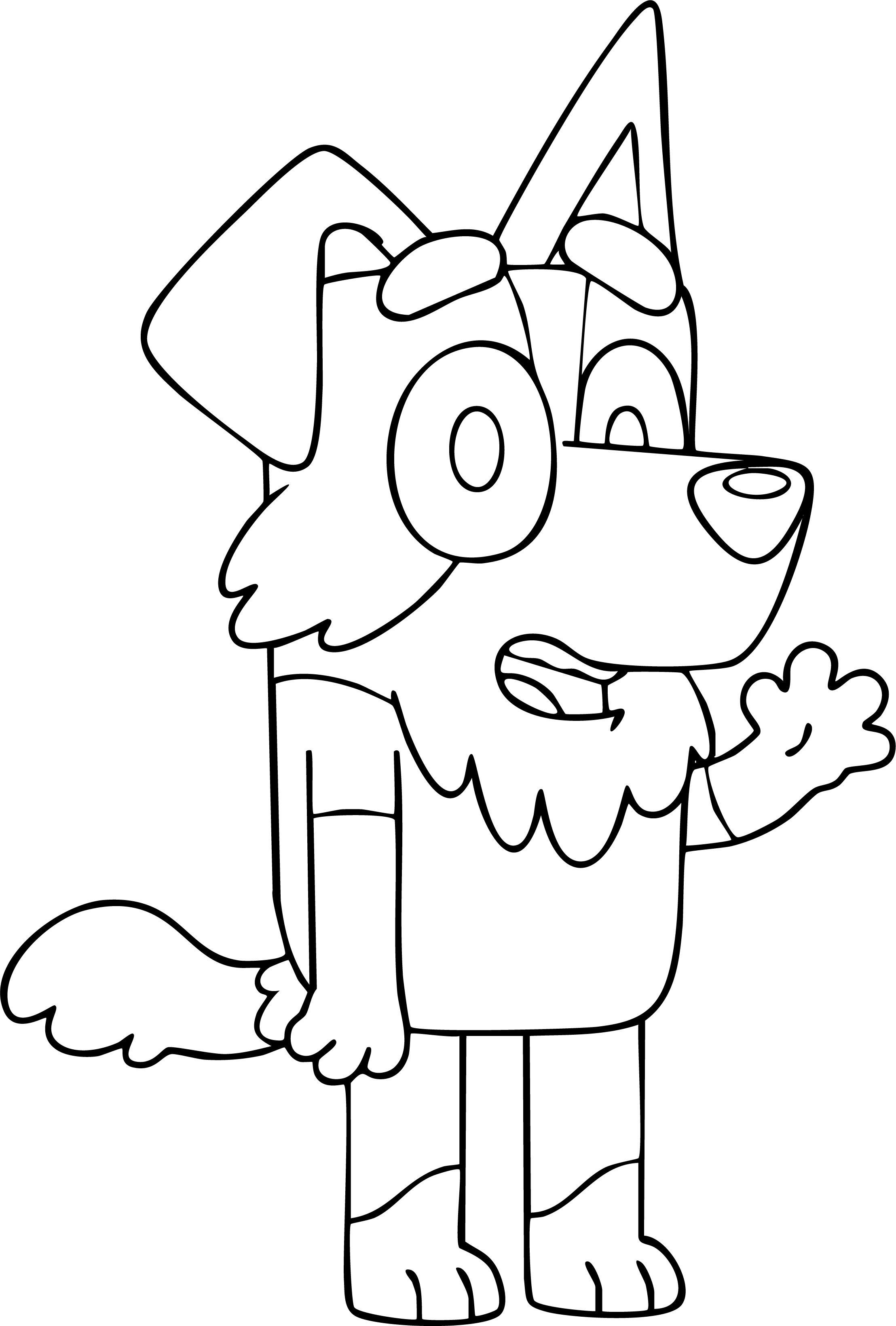 Jack from Bluey coloring page. Standing with a wide energetic smile and waving or saluting with one hand.