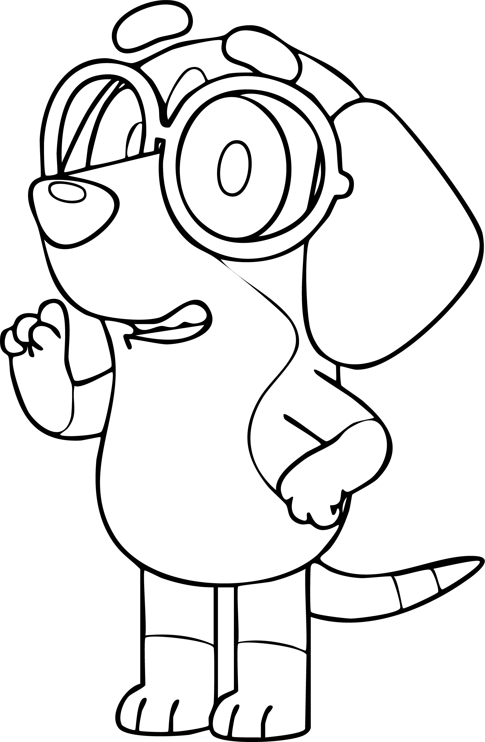 Honey from Bluey coloring page. Honey stands wearing large round glasses.