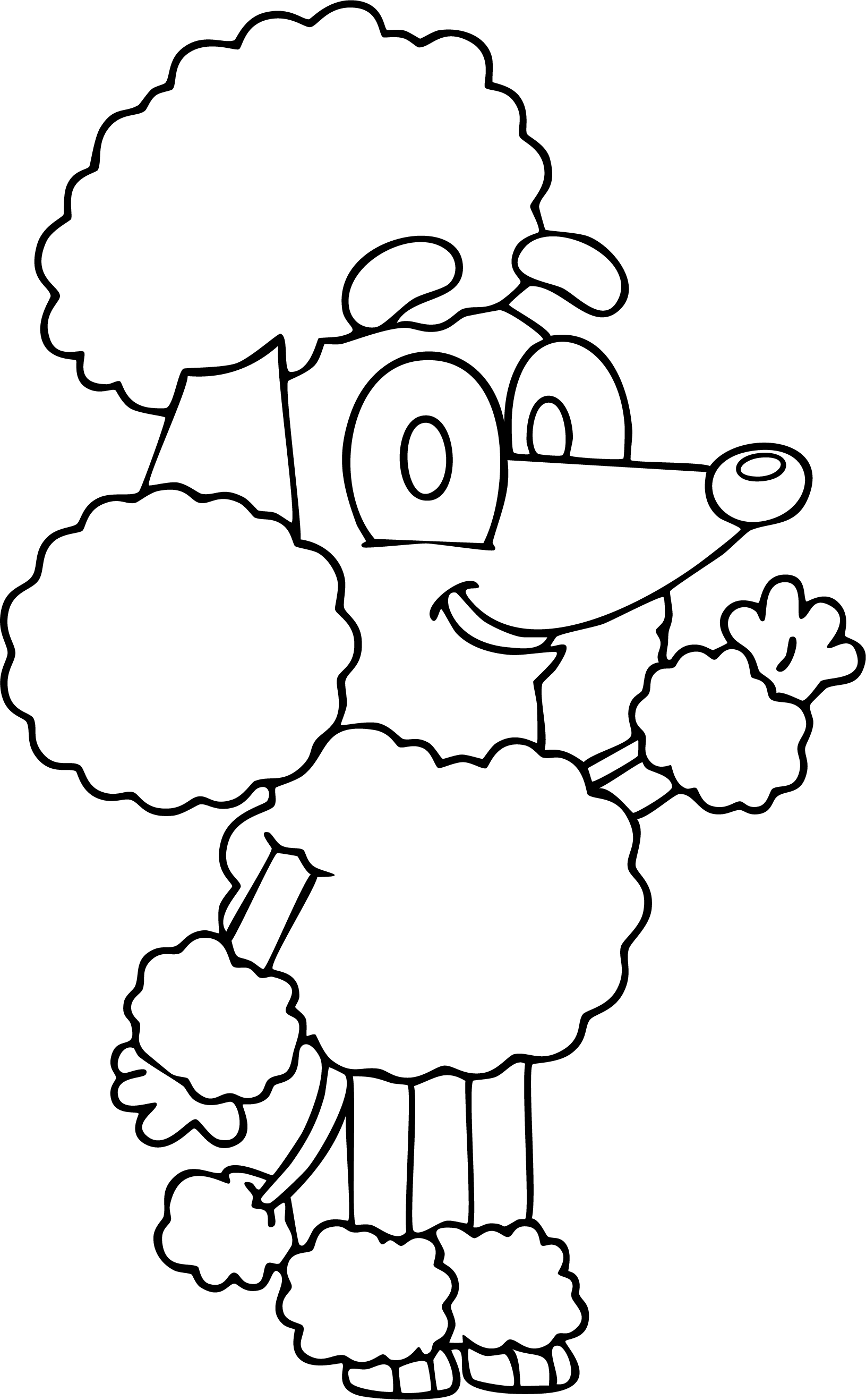 Coco from Bluey coloring page. Smiling with big puffy balls of curly fur all over, standing and waving.
