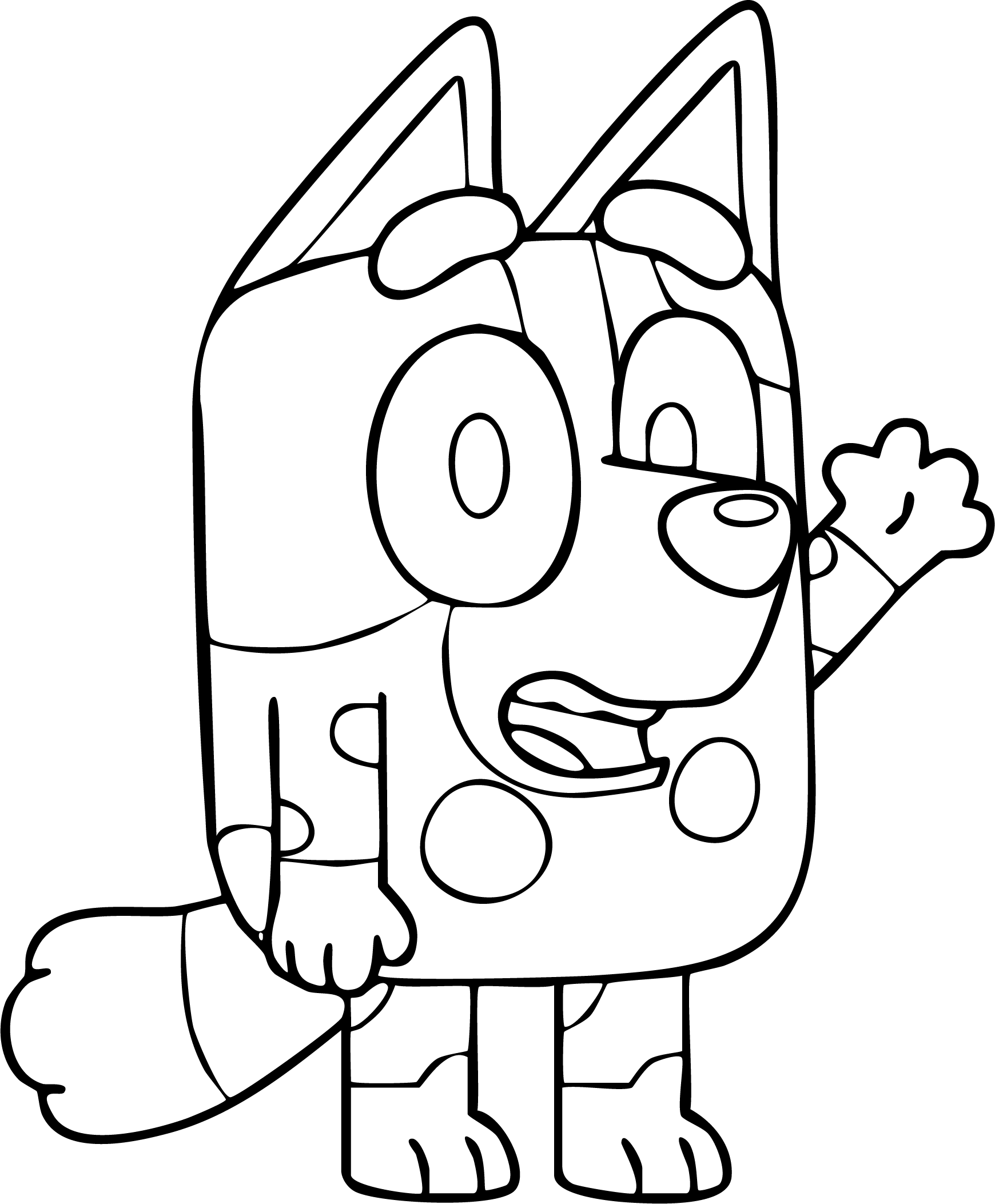 Muffin Heeler from Bluey coloring page. Standing, waving one hand, talking with mouth open.