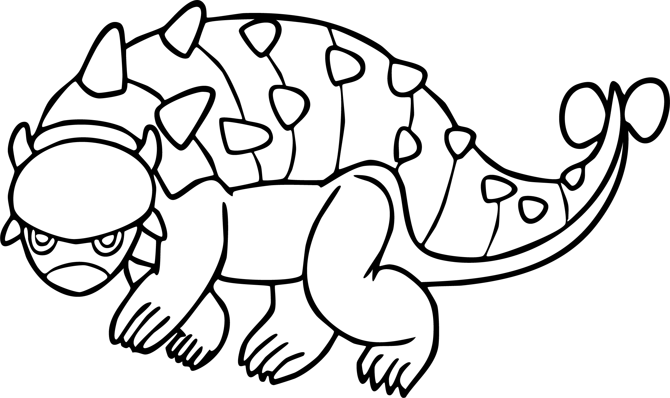 Ankylosaurus from dinosaur coloring page. An armored dinosaur with a spiked shell, distinct segments on its body, and a clubbed tail.