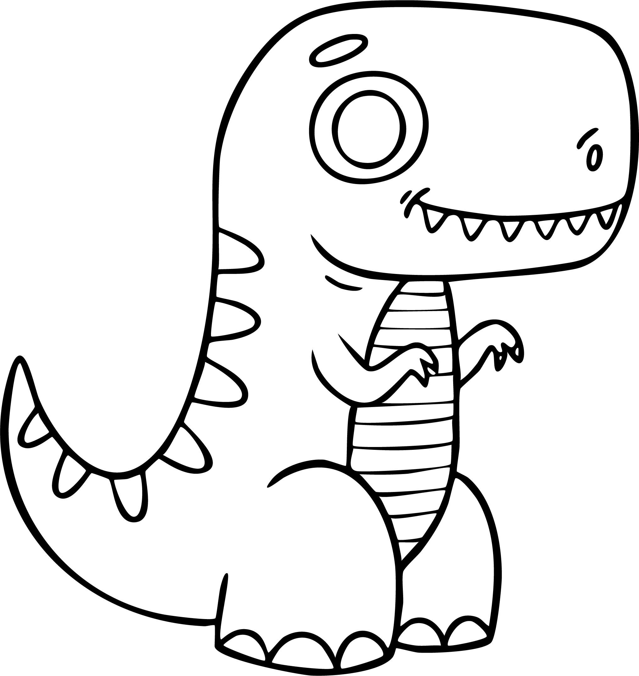 T-Rex from dinosaur coloring page. Adorable chibi style with large head, giant eye, and striped belly.