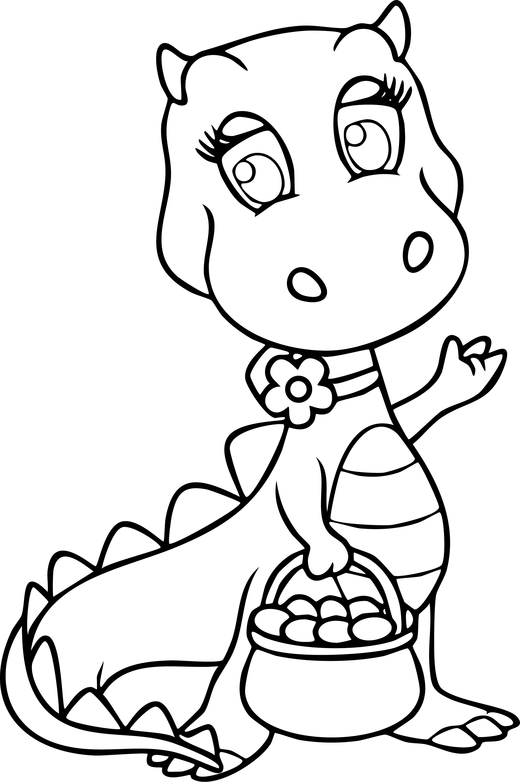 Baby Dino from dinosaur coloring page. Cute cartoon with eyelashes and flower collar holding egg basket.