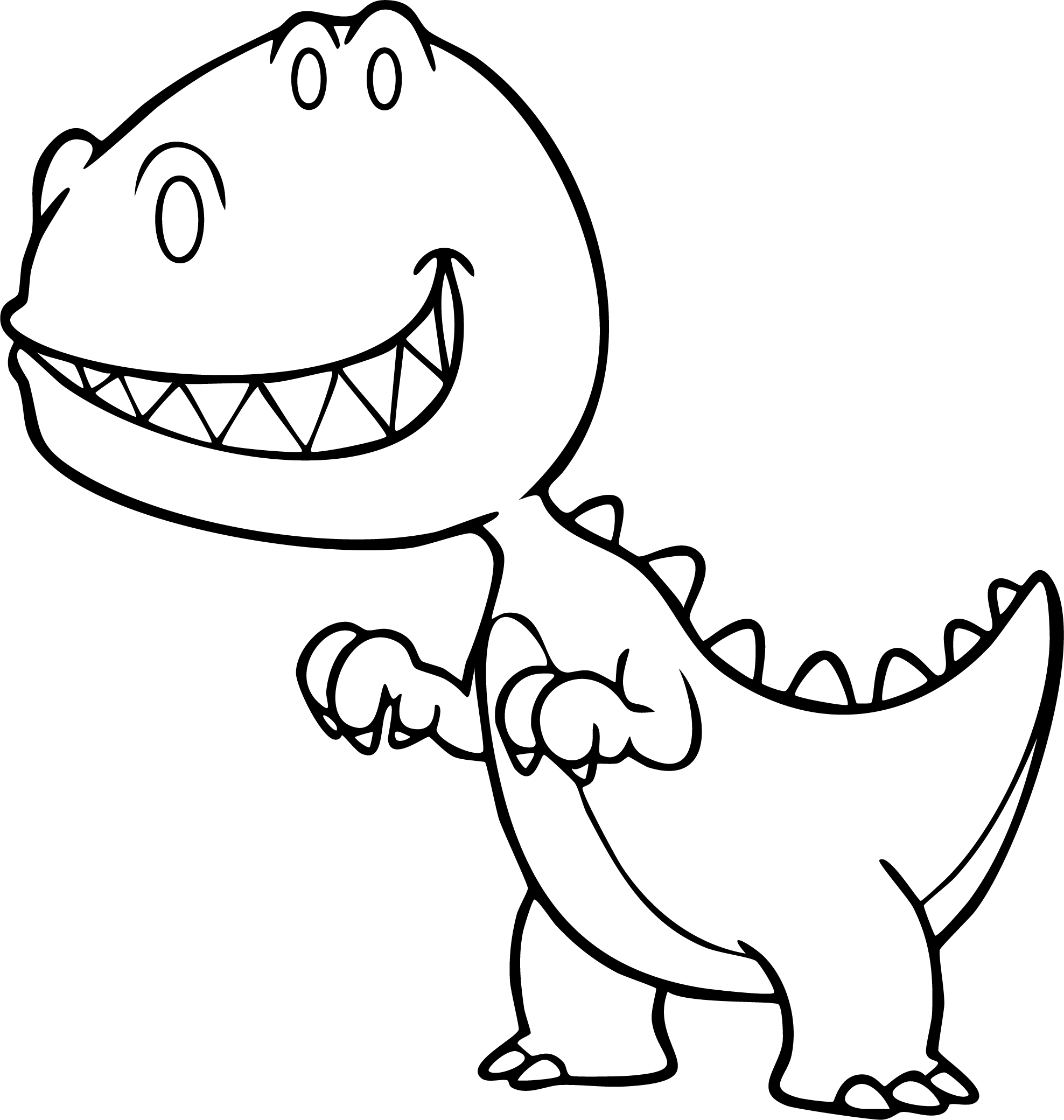 T-Rex from dinosaur coloring page. A friendly cartoon with short spikes on back standing and smiling.