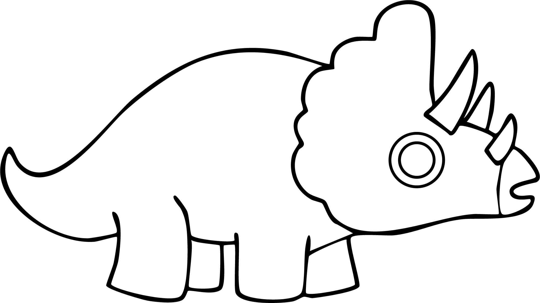 Triceratops from dinosaur coloring page. Simple side view outline showing a large frill, three horns, and a bulky body.