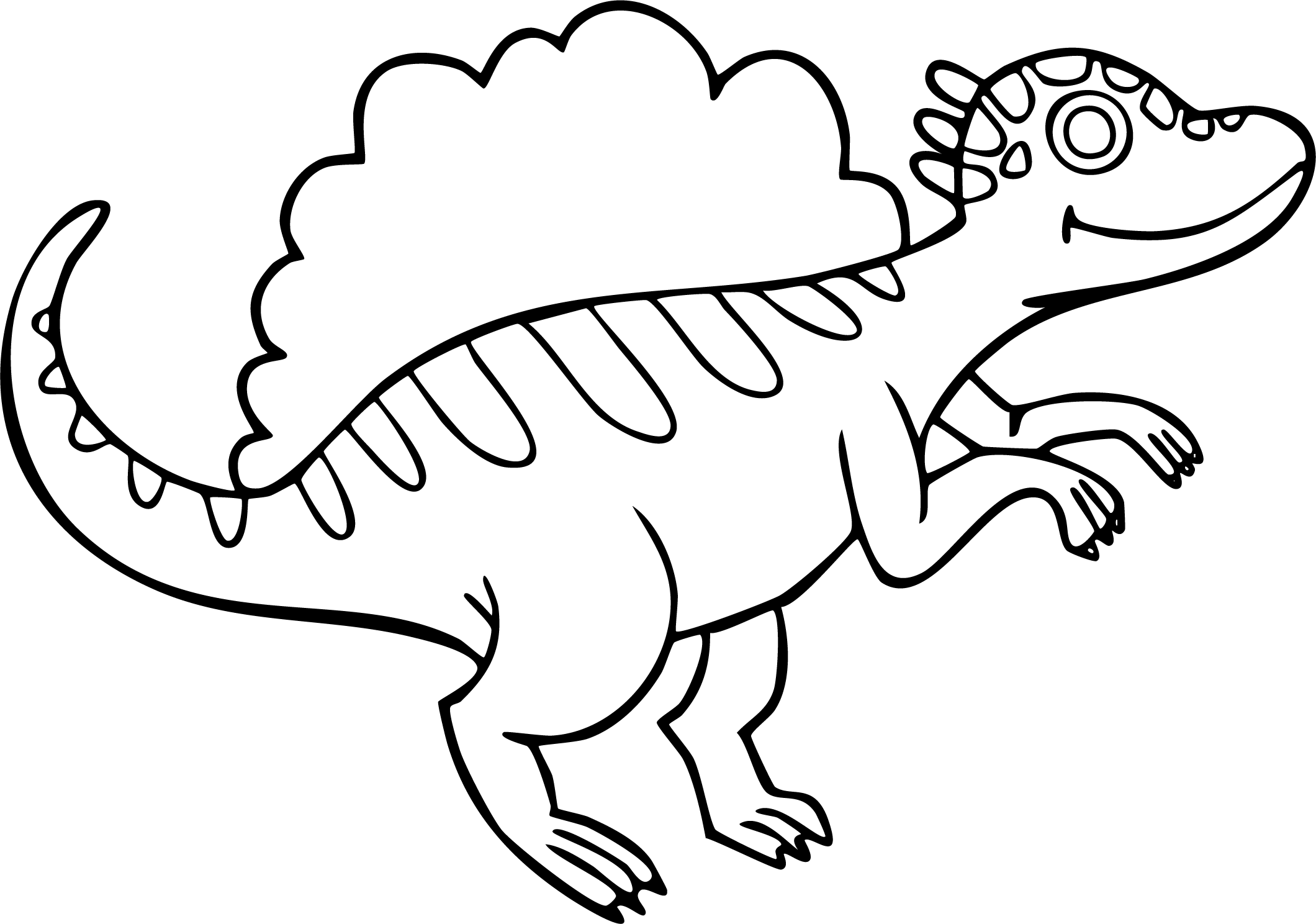 Spinosaurus from dinosaur coloring page. It has a large spiny sail and a smiling spotted head.