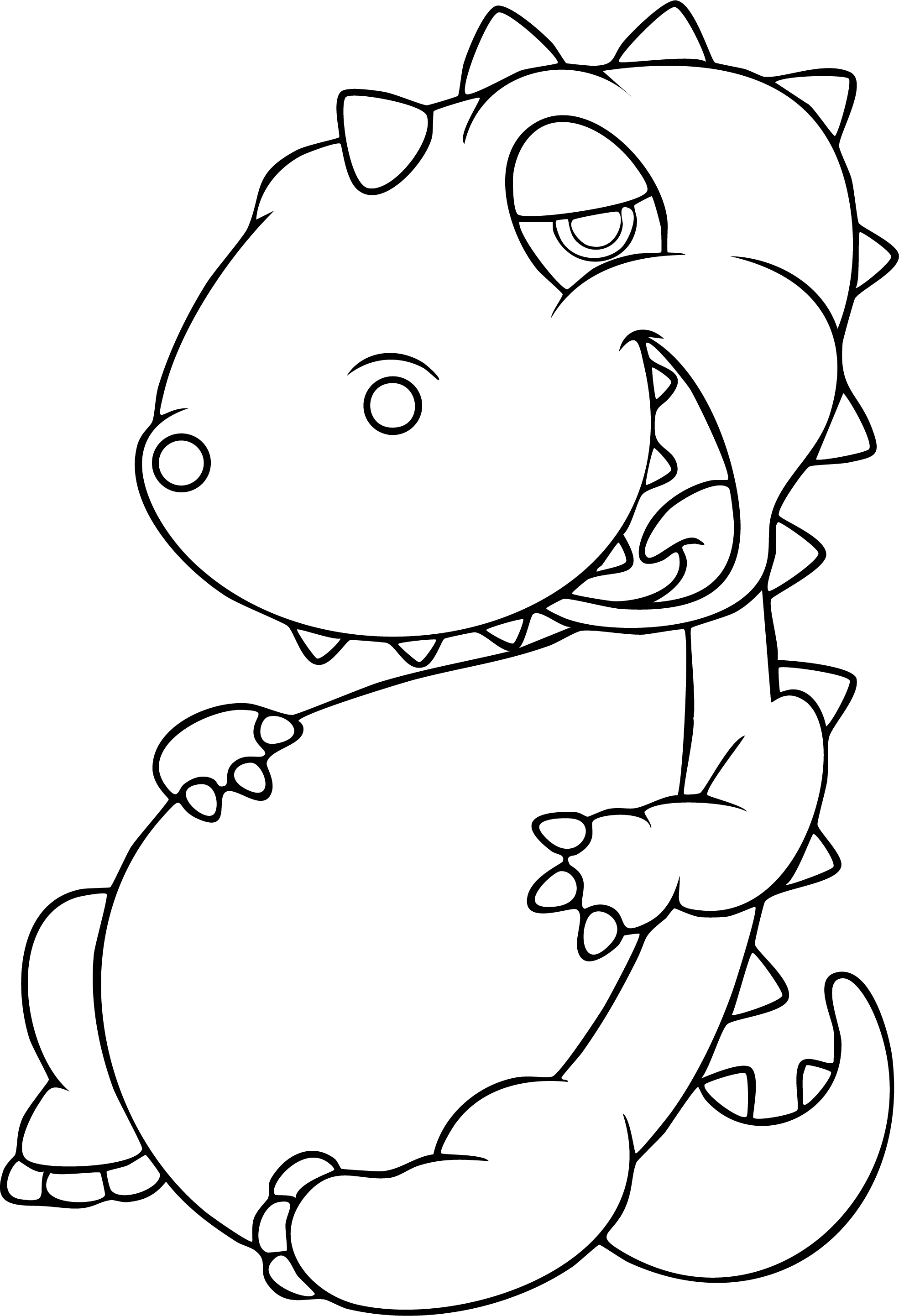 Dinosaur from dinosaur coloring page. A cartoon baby dinosaur with one eye partially open, spikes on its back, and its front claws holding its round belly.