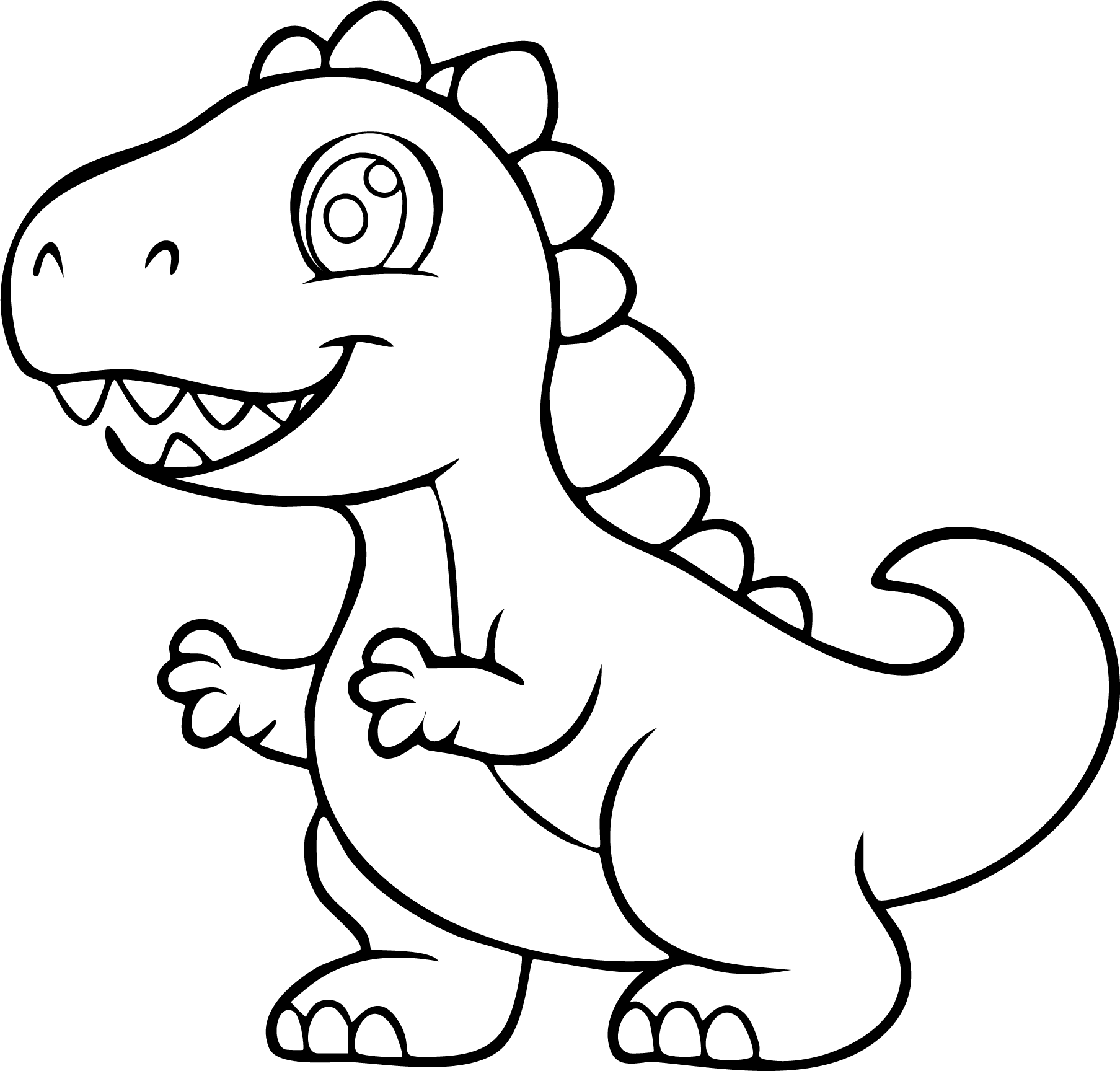 T-Rex from dinosaur coloring page. A young cartoon T-Rex with big friendly eyes and small arms smiling.