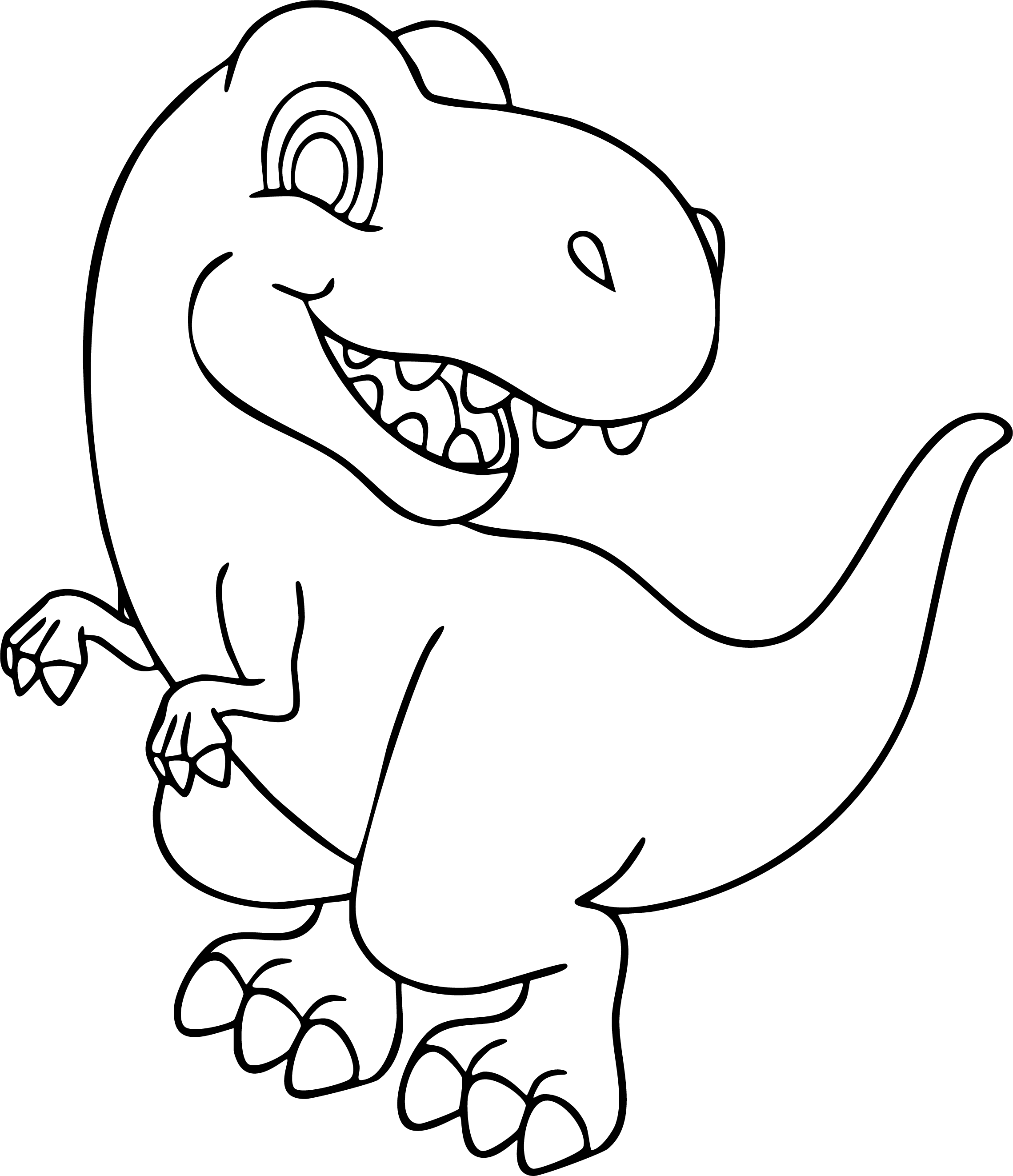 T-Rex from dinosaur coloring page. Cute cartoon with big eyes, happy smile, small arms, and big feet.