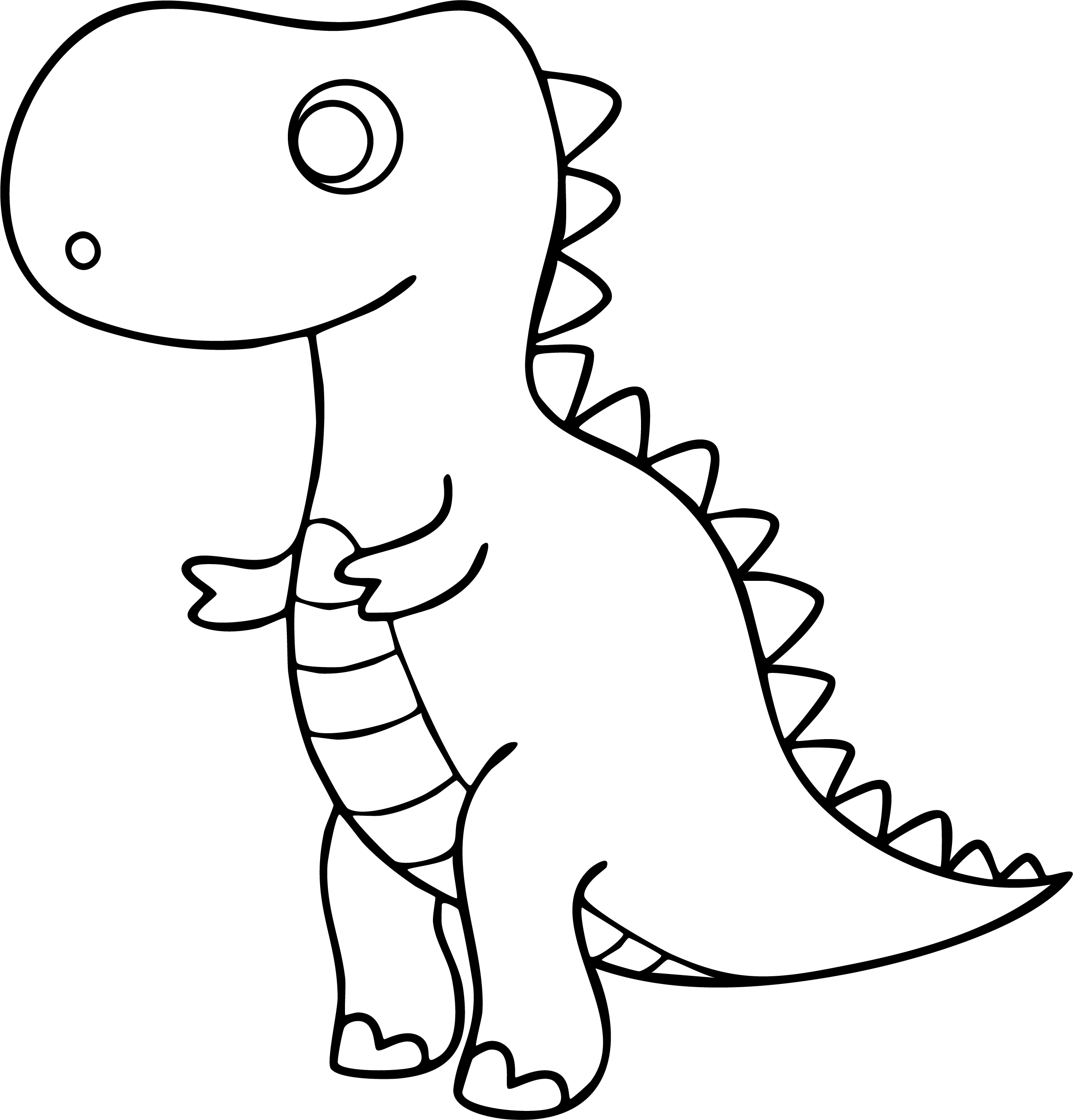 T-Rex from dinosaur coloring page. A cute cartoon tyrannosaurus standing up, featuring large eyes, spines on its back, and a simple outline.