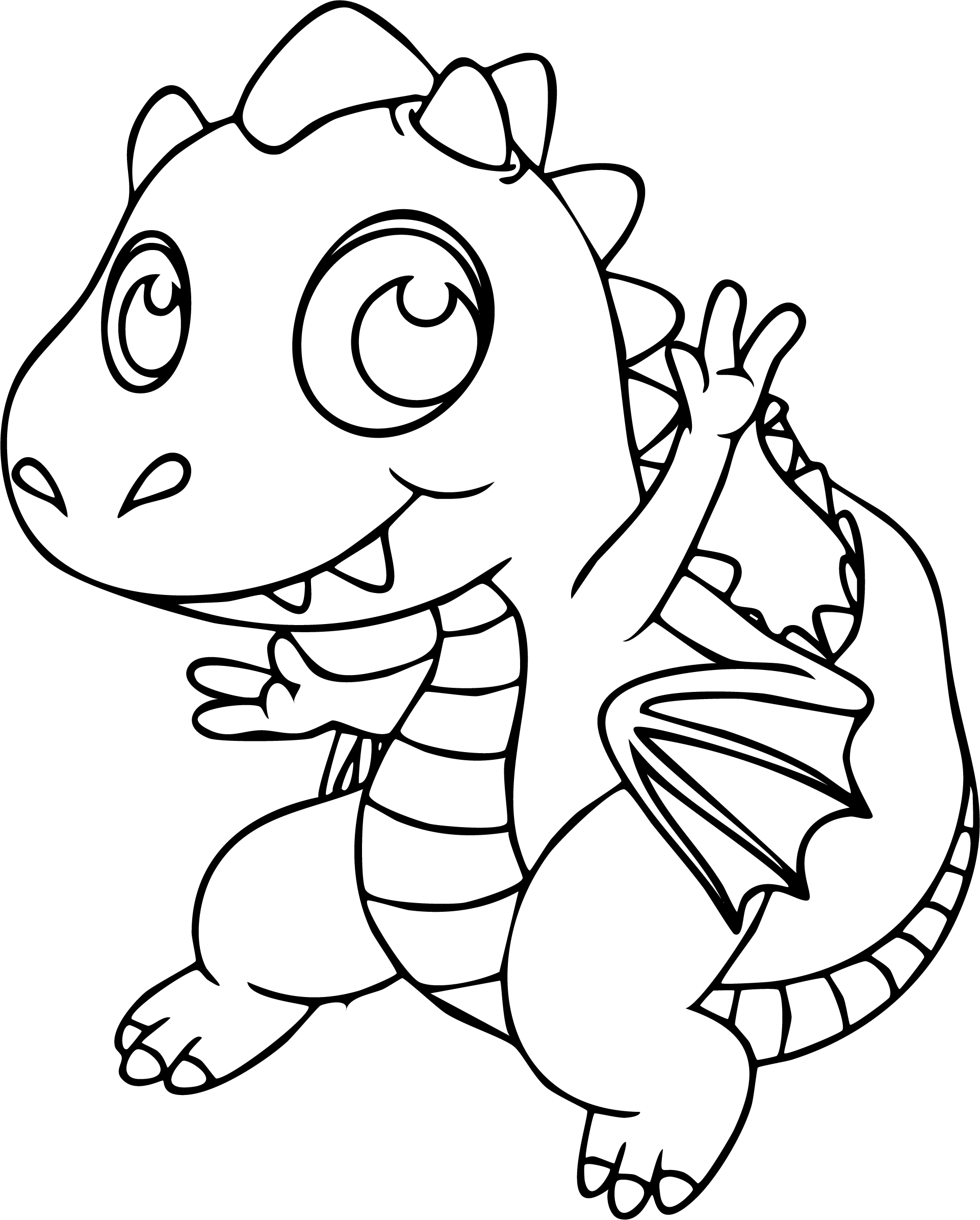 Dragon from dinosaur coloring page. A small cute baby dragon with tiny wings, big eyes, waving hello.
