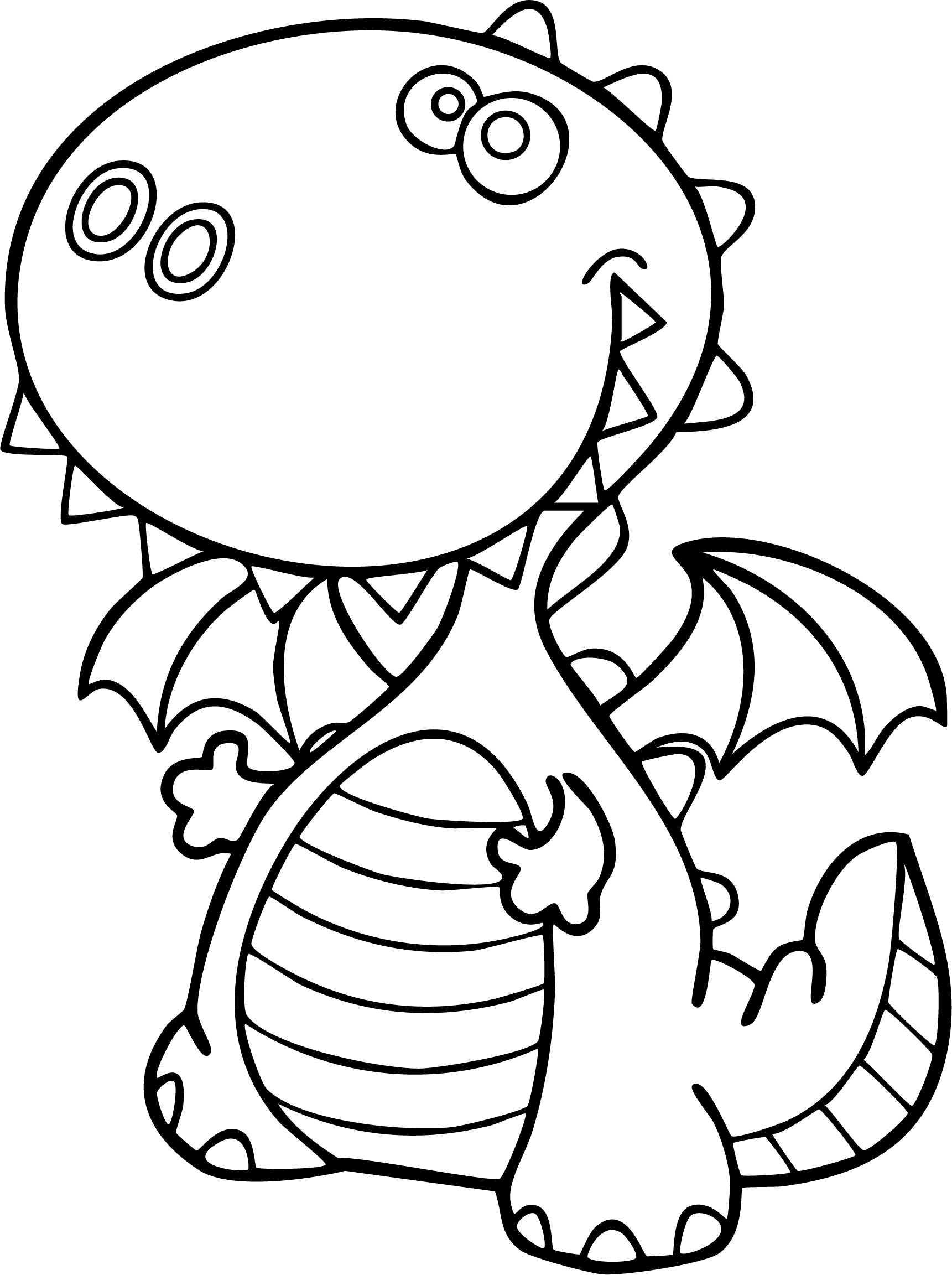 Dragon from dinosaur coloring page. A friendly cartoon dragon with large eyes, a playful expression, two small wings, and a striped belly.