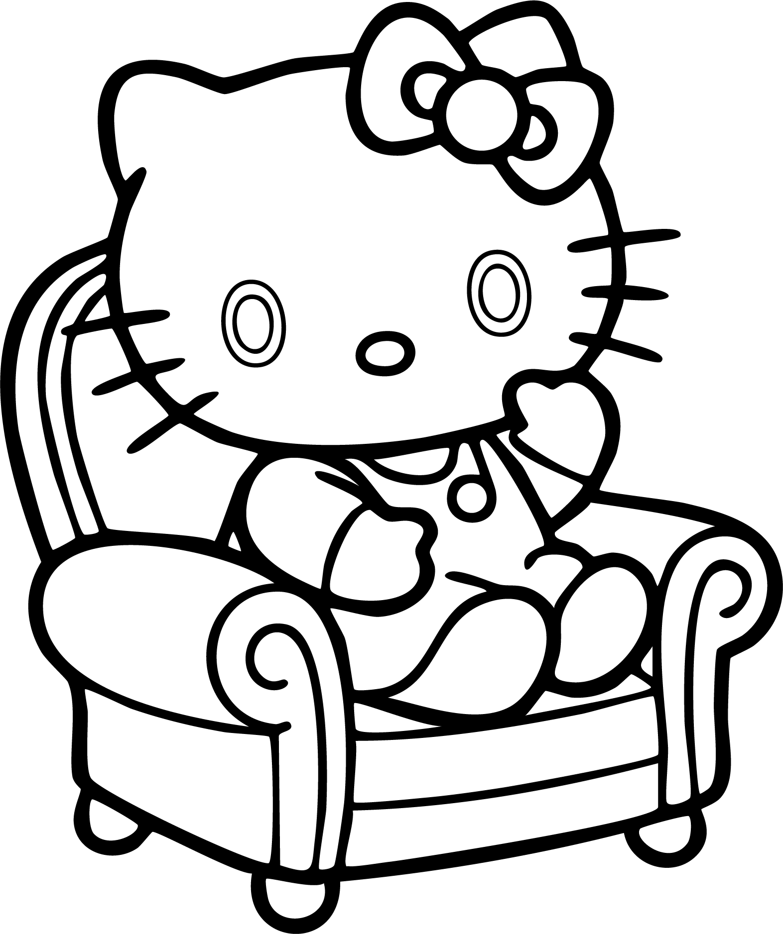 Hello Kitty from Hello Kitty coloring page. Sitting comfortably in an armchair, wearing overalls.