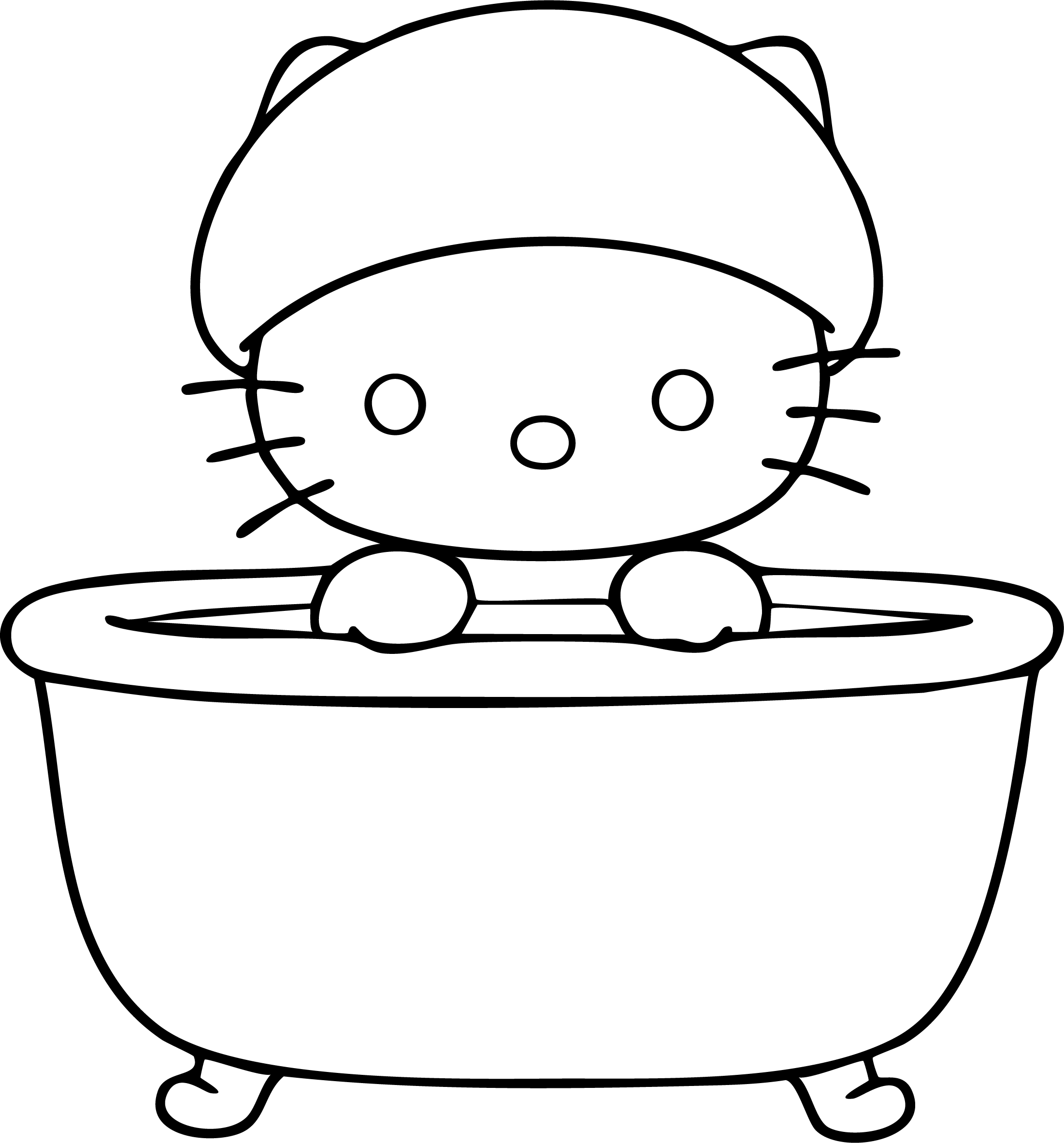 Hello Kitty from Hello Kitty coloring page. Pictured sitting in a clawfoot bathtub, looking out from behind the edge.