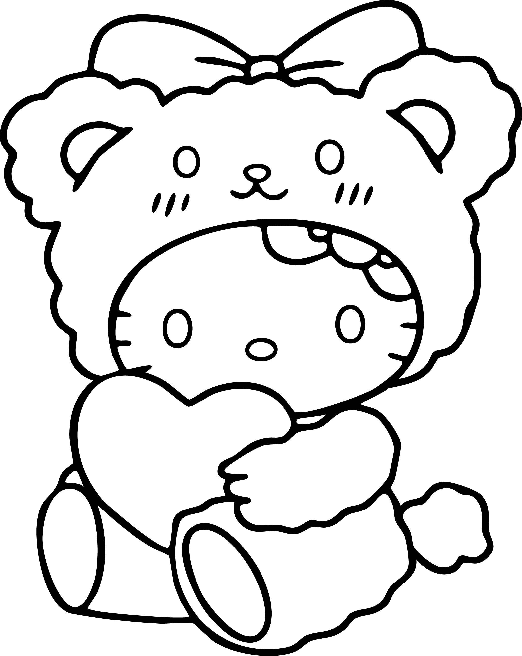 Hello Kitty from Hello Kitty coloring page. Dressed in a bear costume holding a large heart.