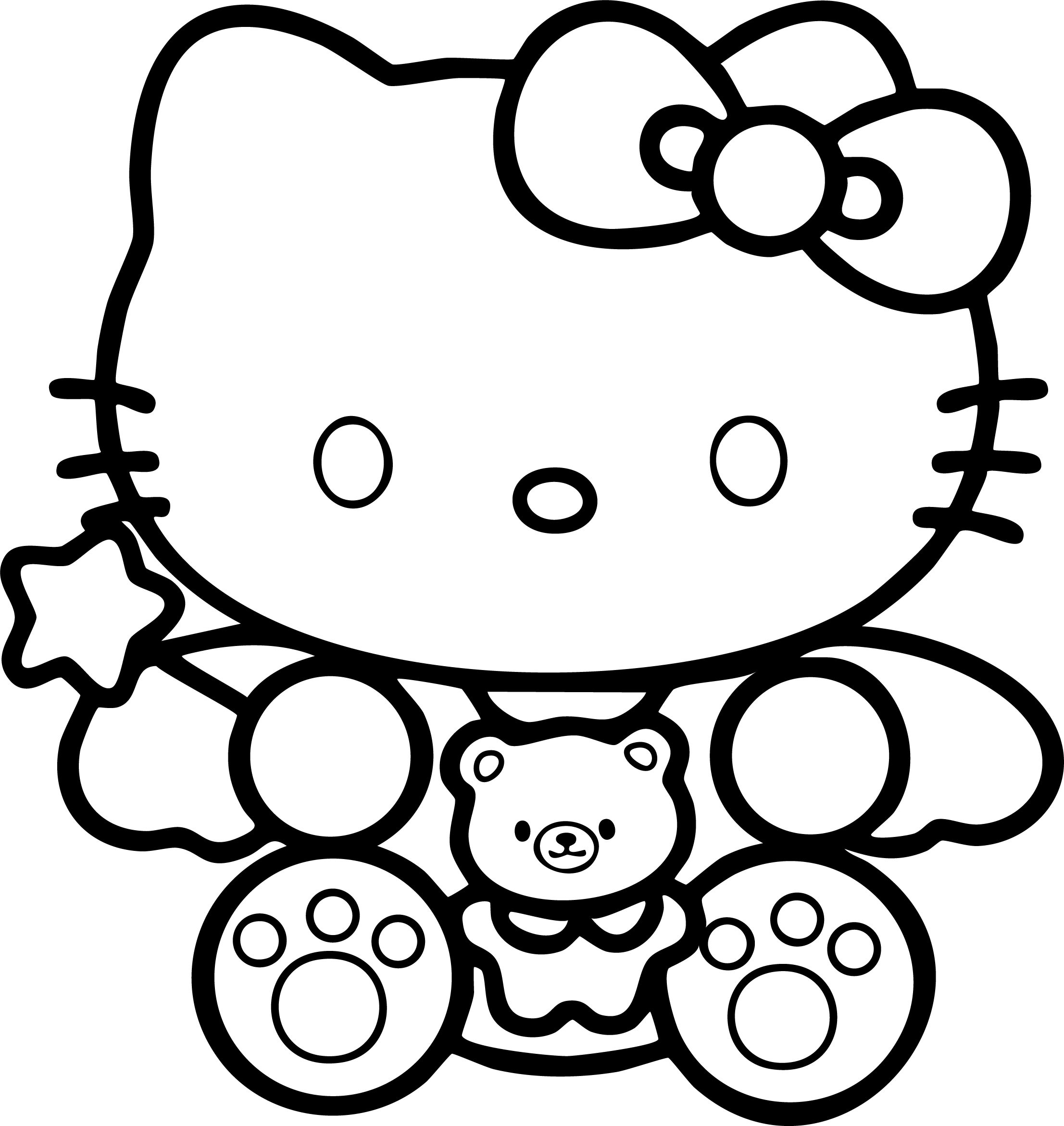 Hello Kitty from Hello Kitty coloring page. Sitting and holding a small teddy bear.