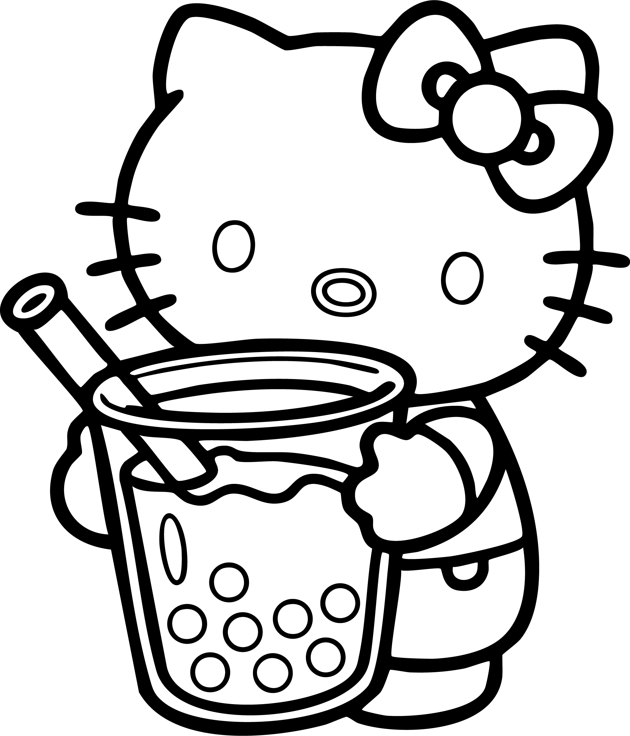 Hello Kitty from Hello Kitty coloring page. Standing and holding a large cup of bubble boba tea.