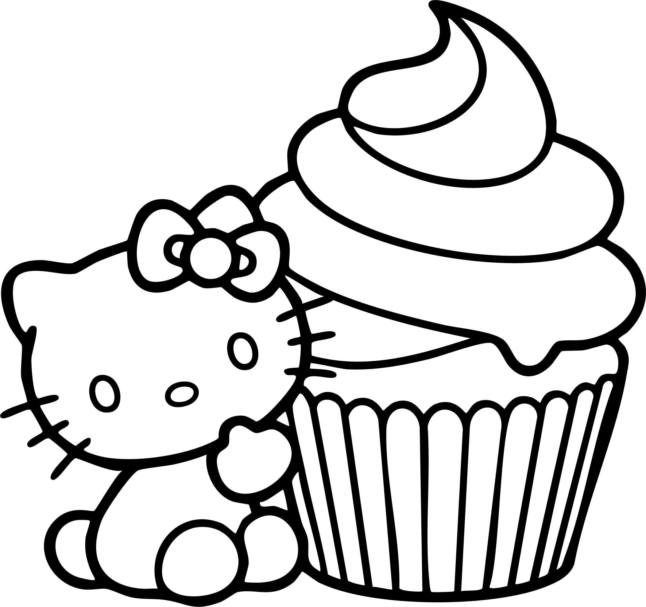 Hello Kitty from Hello Kitty coloring page. Sitting next to a giant frosted cupcake.