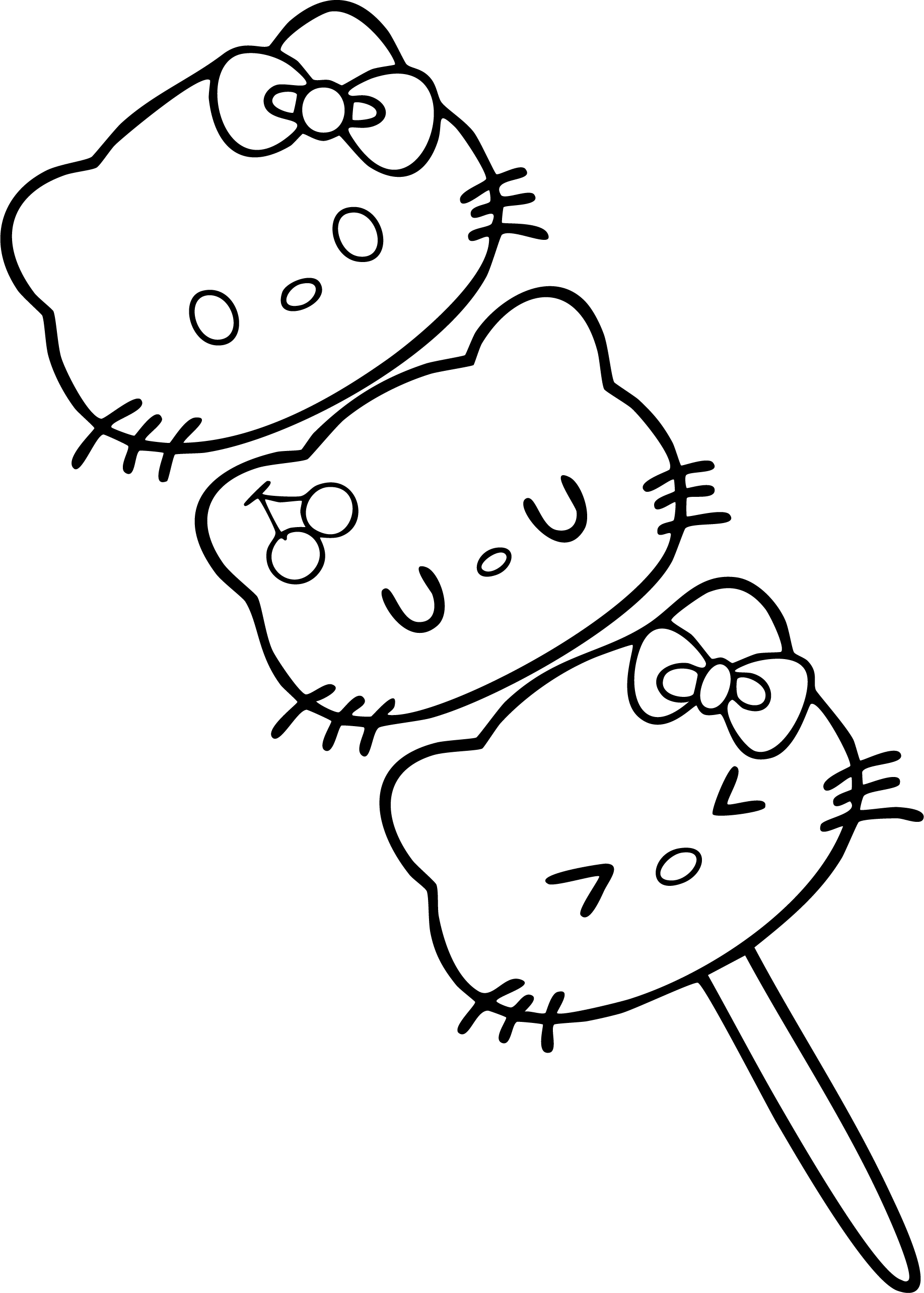 Hello Kitty from Hello Kitty coloring page. Three character heads on a skewer, like dango. Top, middle, bottom views.