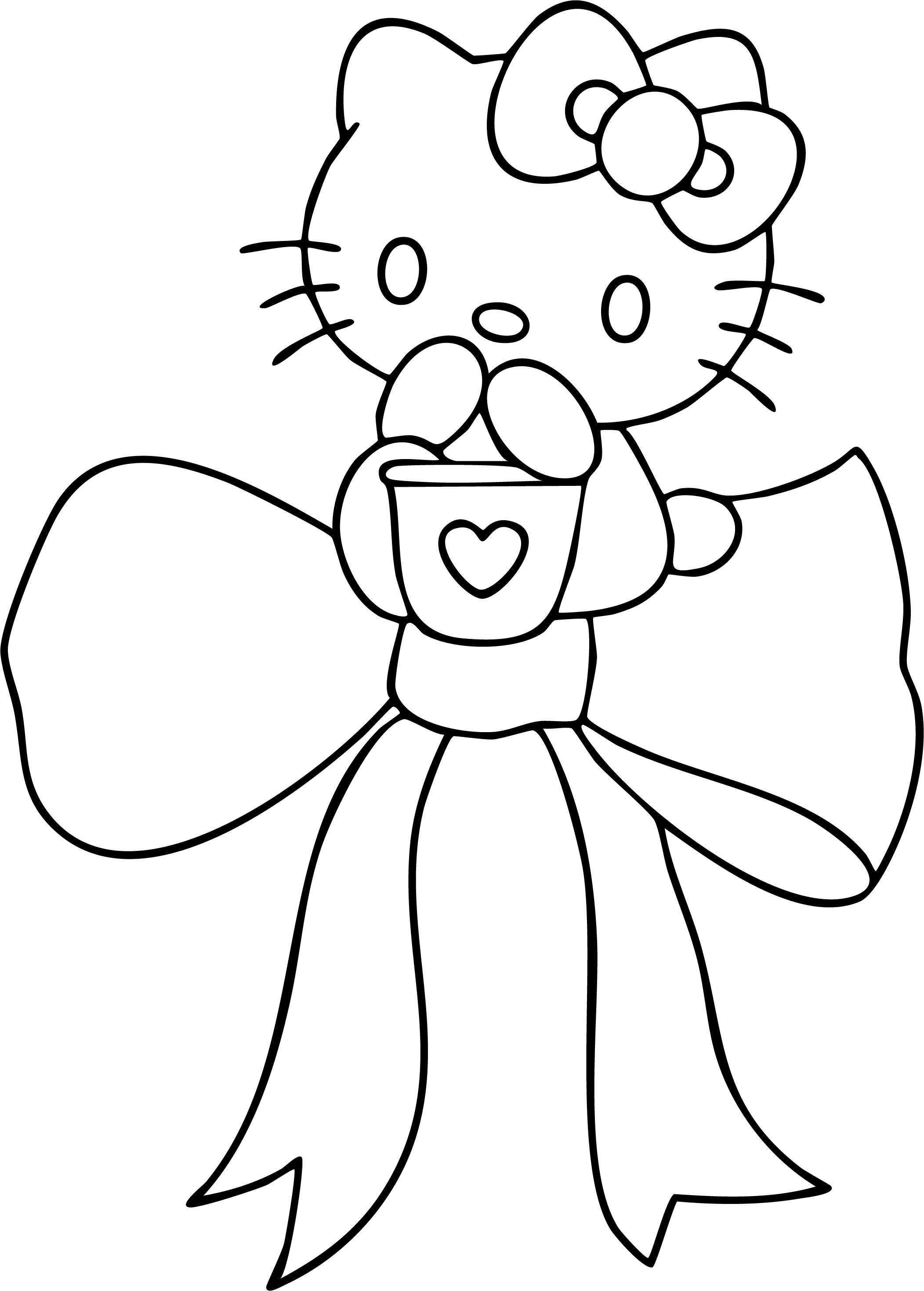Hello Kitty from Hello Kitty coloring page. Standing on a very large ribbon bow, holding a cup with a heart.